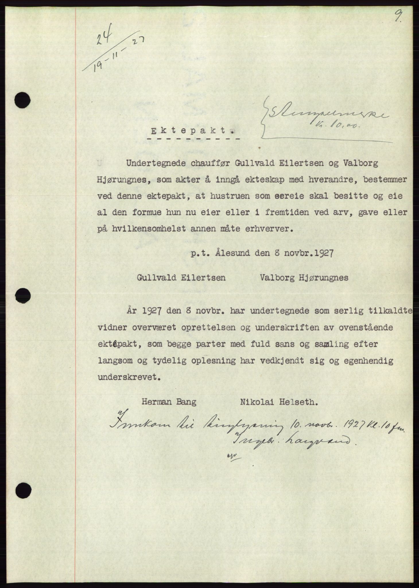 Søre Sunnmøre sorenskriveri, AV/SAT-A-4122/1/2/2C/L0047: Mortgage book no. 41, 1927-1928, Deed date: 19.11.1927