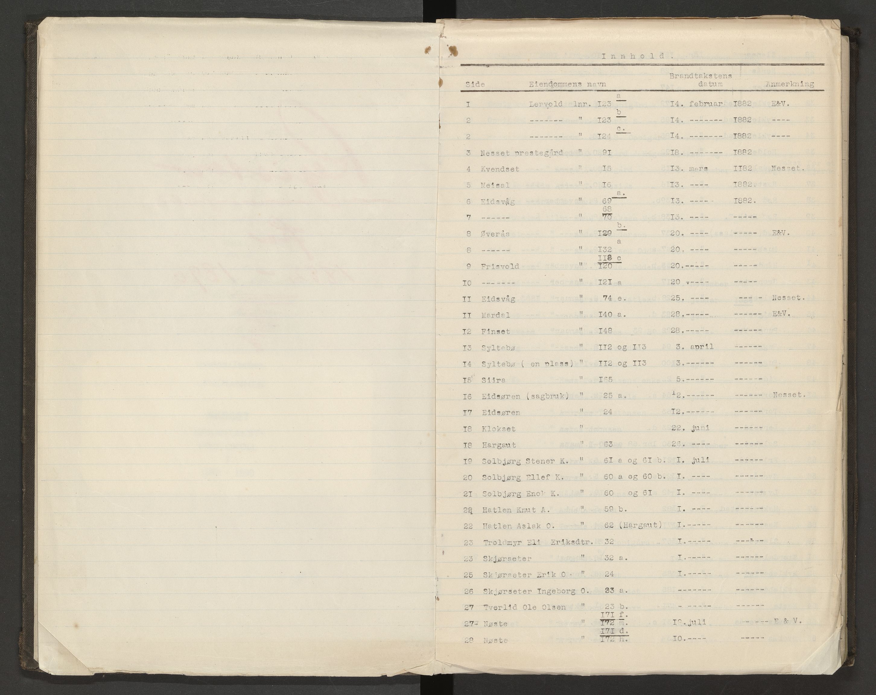 Norges Brannkasse Nesset, AV/SAT-A-5501/F/Fa/L0003: Branntakstprotokoll, 1882-1890