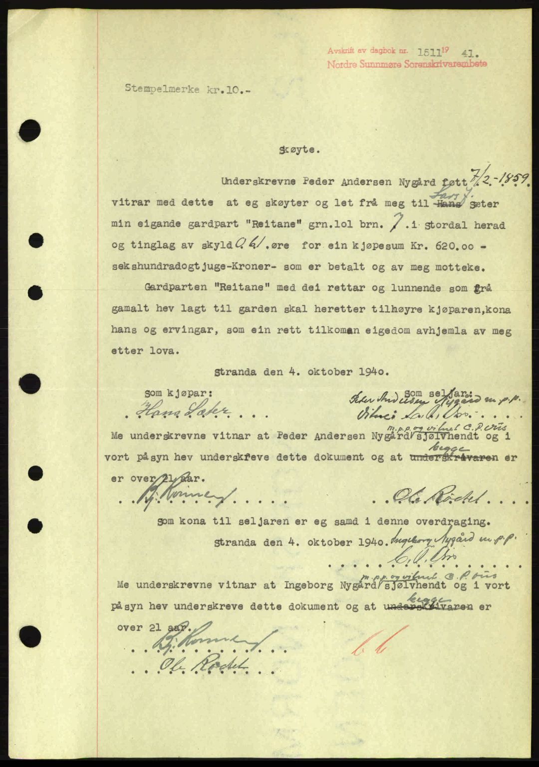 Nordre Sunnmøre sorenskriveri, SAT/A-0006/1/2/2C/2Ca: Mortgage book no. A11, 1941-1941, Diary no: : 1511/1941