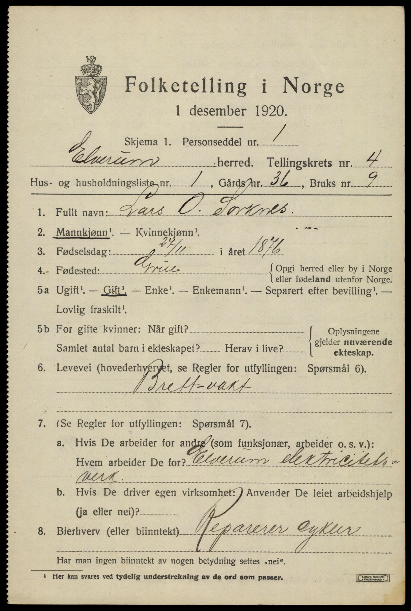 SAH, 1920 census for Elverum, 1920, p. 6646