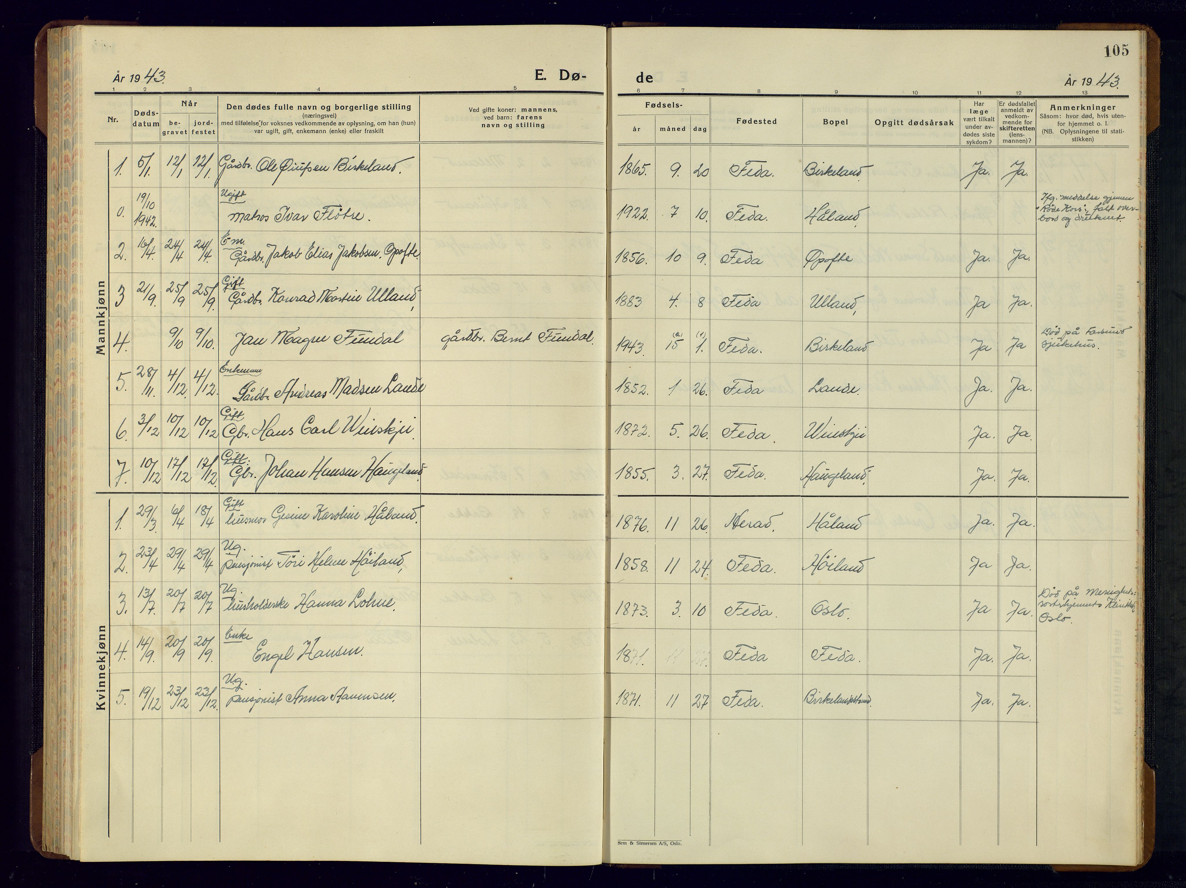 Kvinesdal sokneprestkontor, AV/SAK-1111-0026/F/Fb/Fba/L0006: Parish register (copy) no. B 6, 1935-1956, p. 105