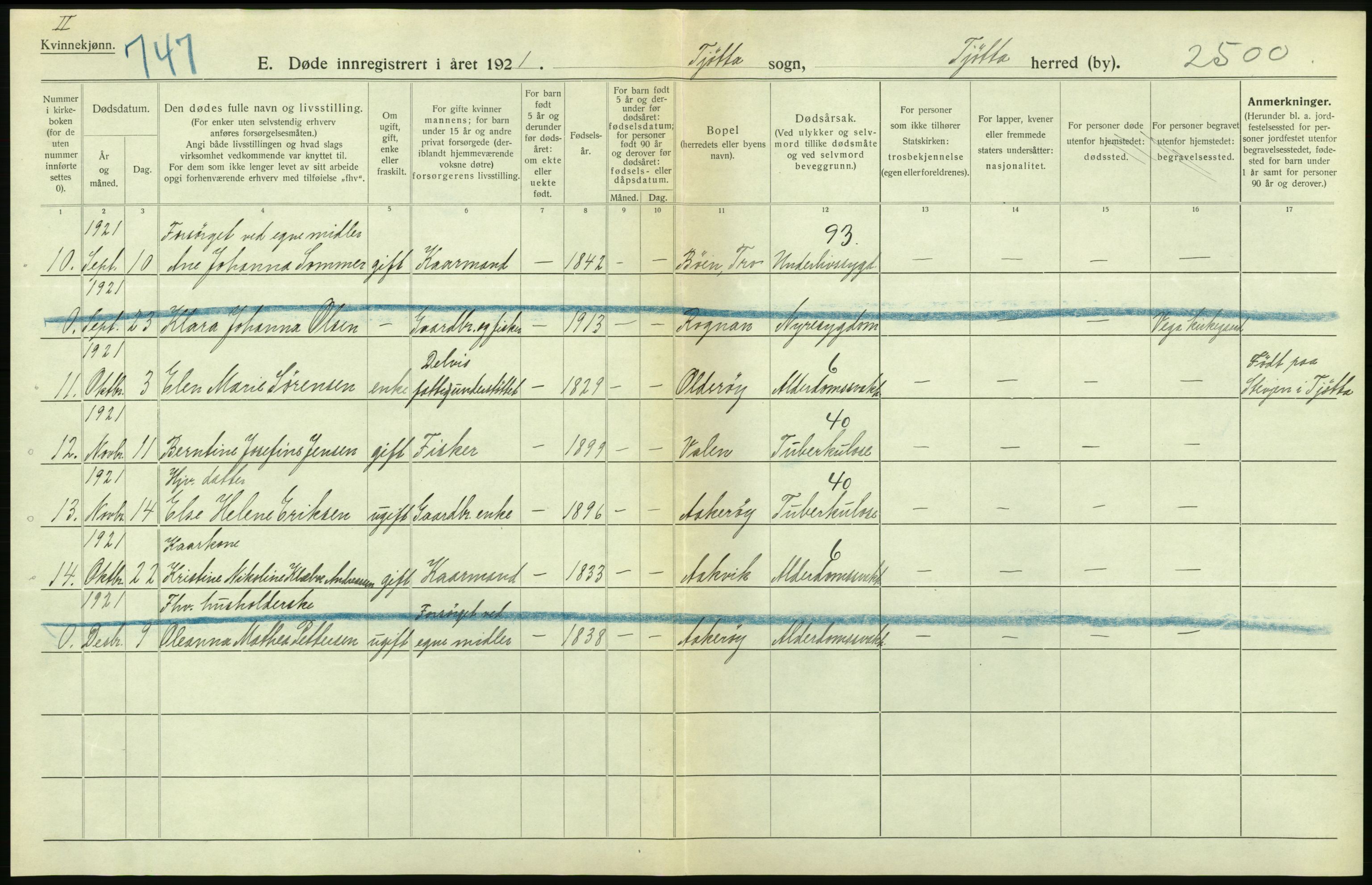 Statistisk sentralbyrå, Sosiodemografiske emner, Befolkning, AV/RA-S-2228/D/Df/Dfc/Dfca/L0051: Nordland fylke: Døde. Bygder og byer., 1921