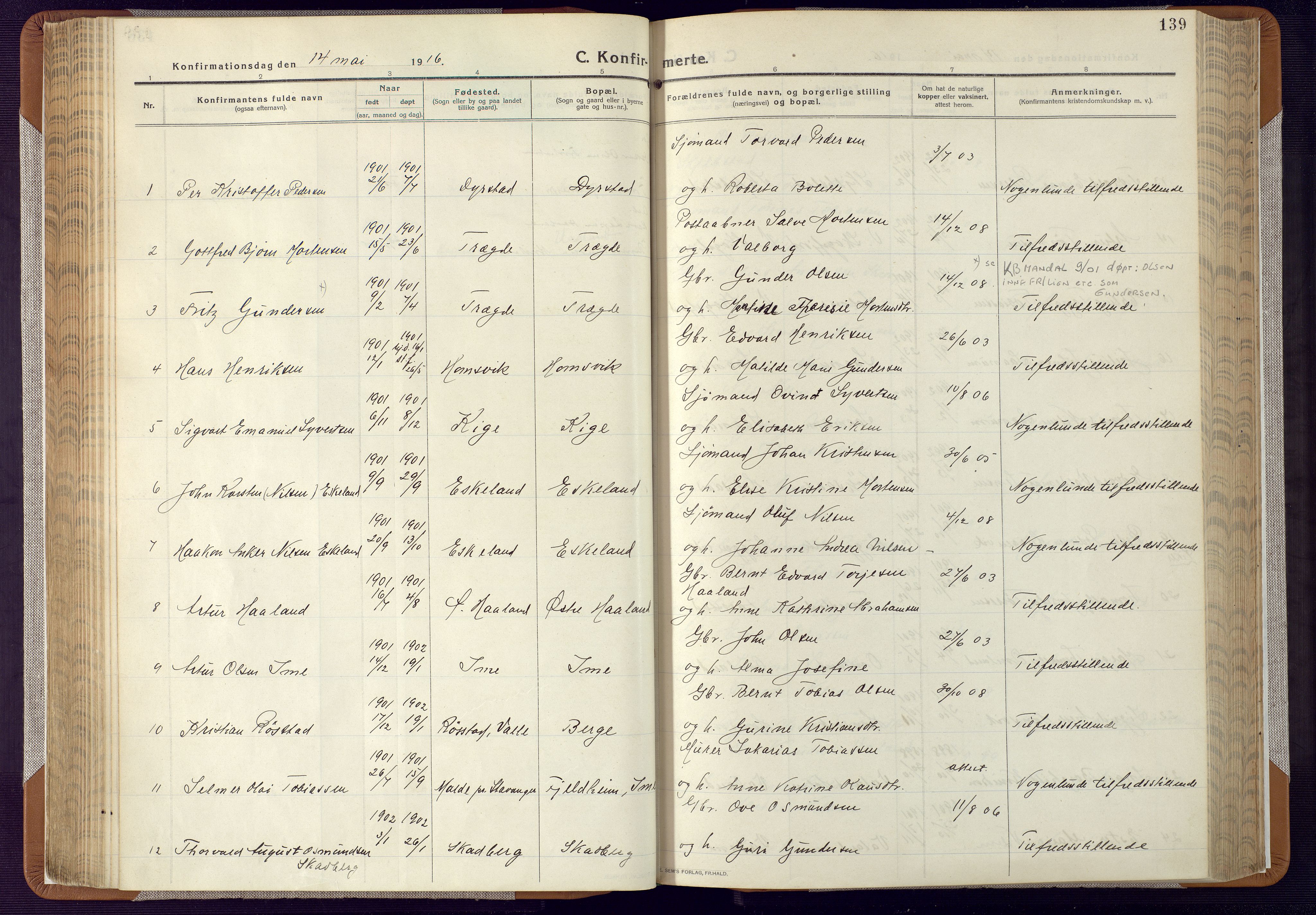 Mandal sokneprestkontor, SAK/1111-0030/F/Fa/Faa/L0022: Parish register (official) no. A 22, 1913-1925, p. 139