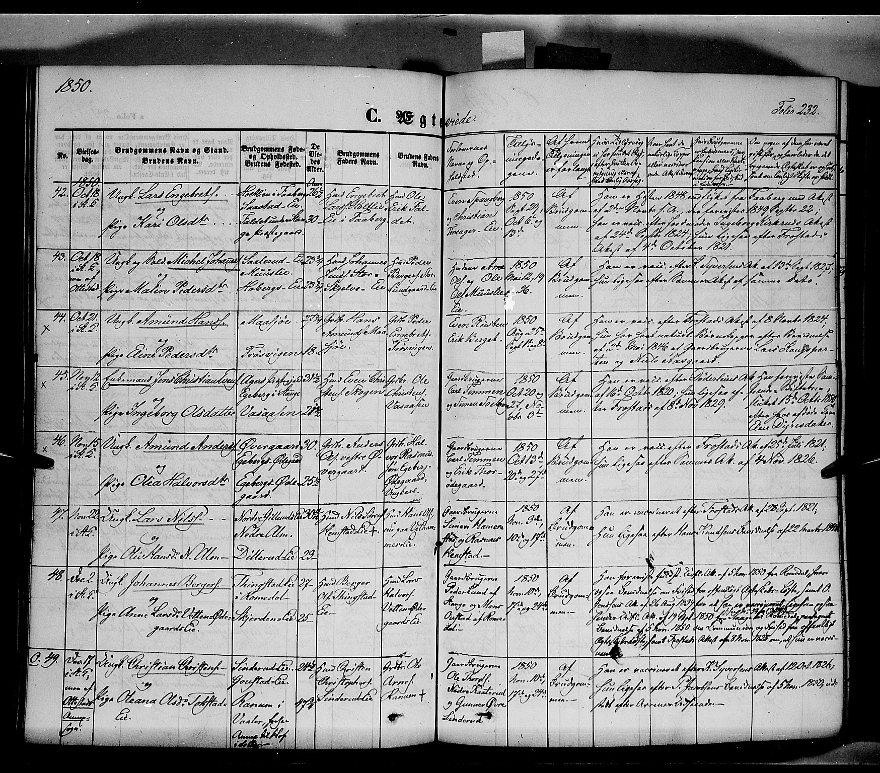 Stange prestekontor, AV/SAH-PREST-002/K/L0011: Parish register (official) no. 11, 1846-1852, p. 232