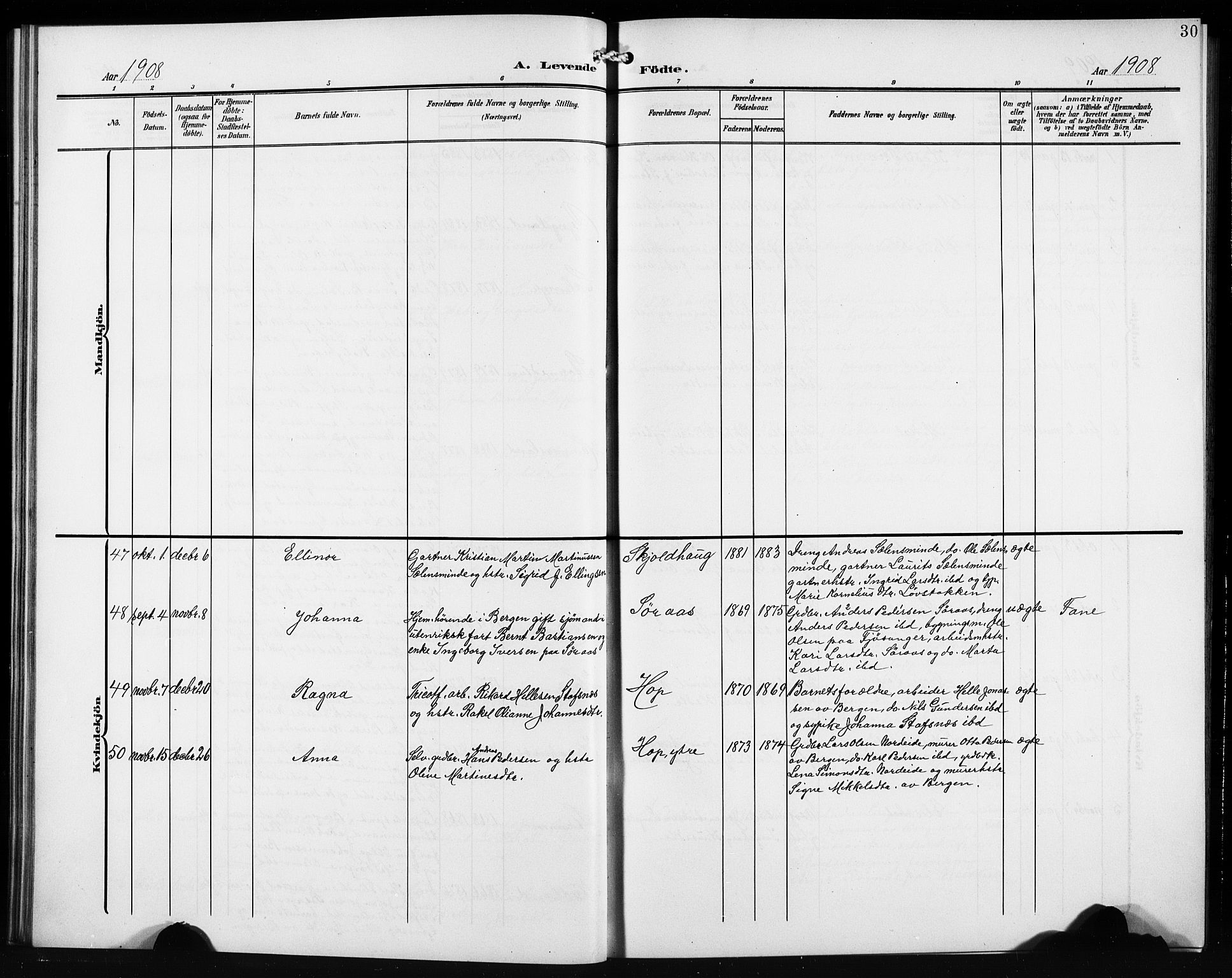 Birkeland Sokneprestembete, AV/SAB-A-74601/H/Hab: Parish register (copy) no. A 6, 1906-1915, p. 30