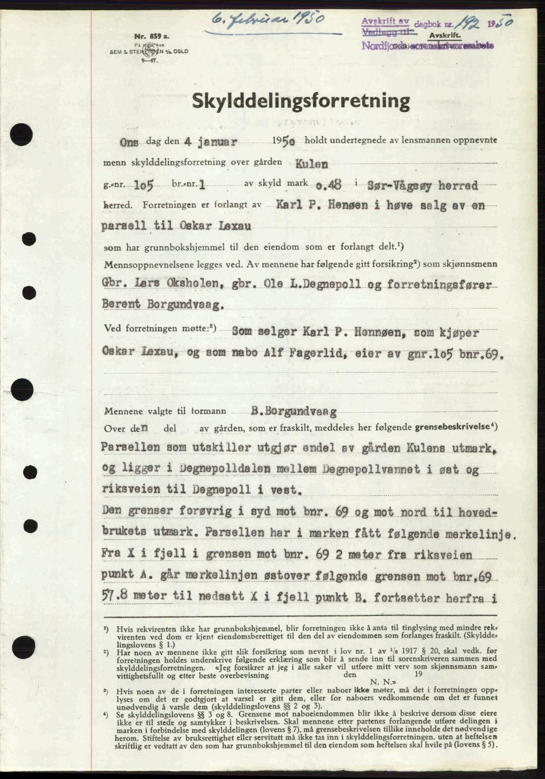 Nordfjord sorenskriveri, SAB/A-2801/02/02b/02bj/L0016a: Mortgage book no. A16 I, 1949-1950, Diary no: : 192/1950