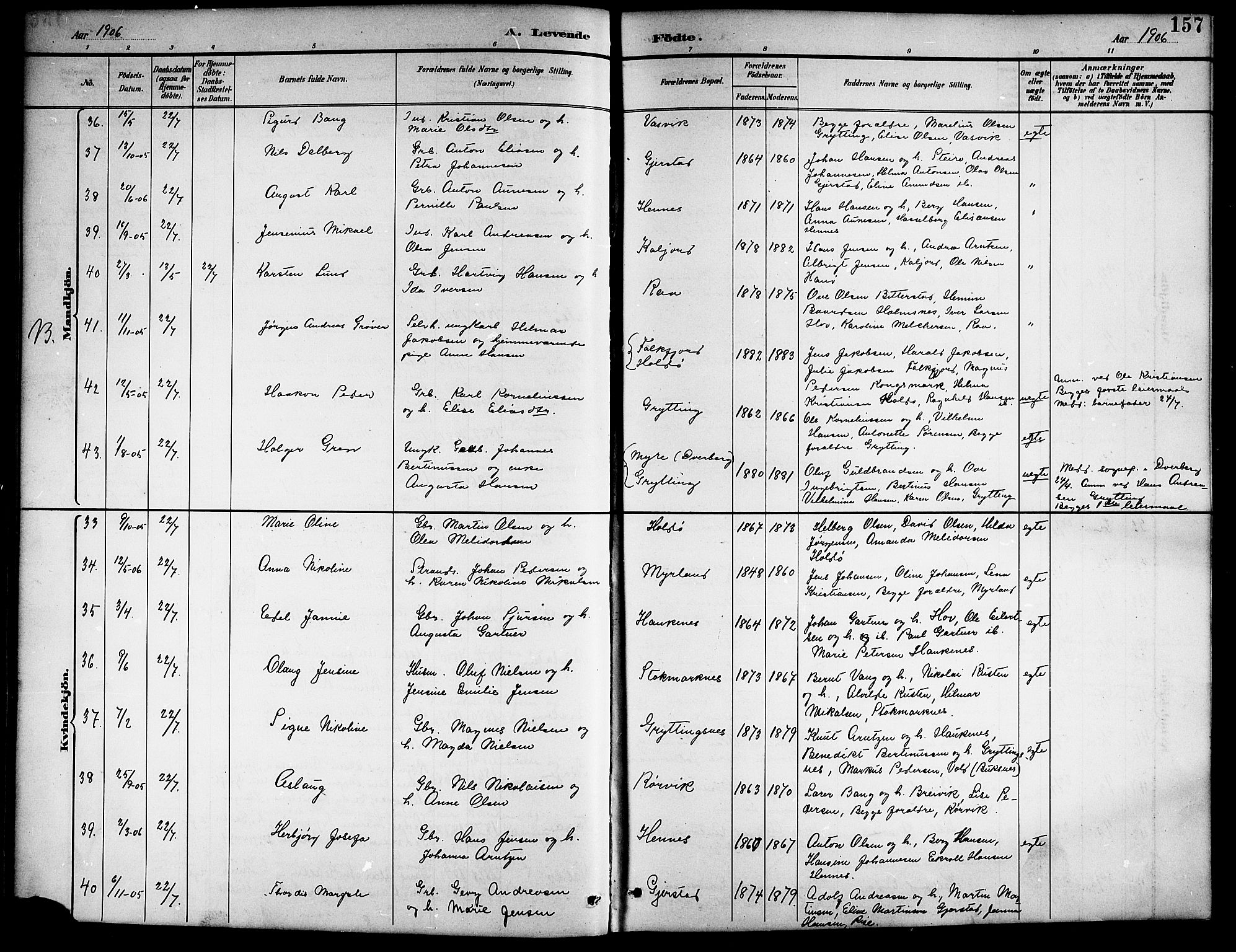 Ministerialprotokoller, klokkerbøker og fødselsregistre - Nordland, AV/SAT-A-1459/888/L1268: Parish register (copy) no. 888C06, 1891-1908, p. 157