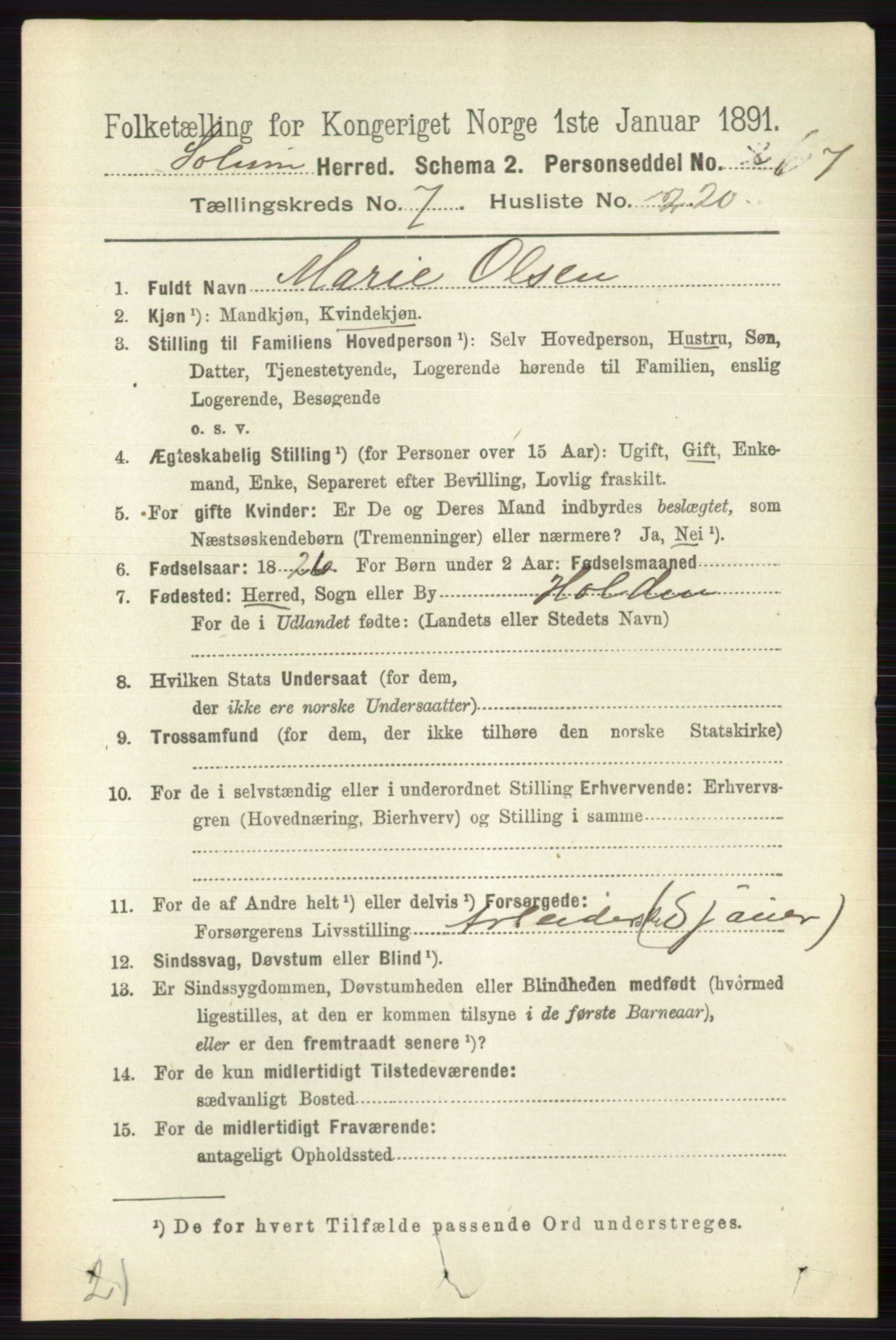 RA, 1891 census for 0818 Solum, 1891, p. 4015