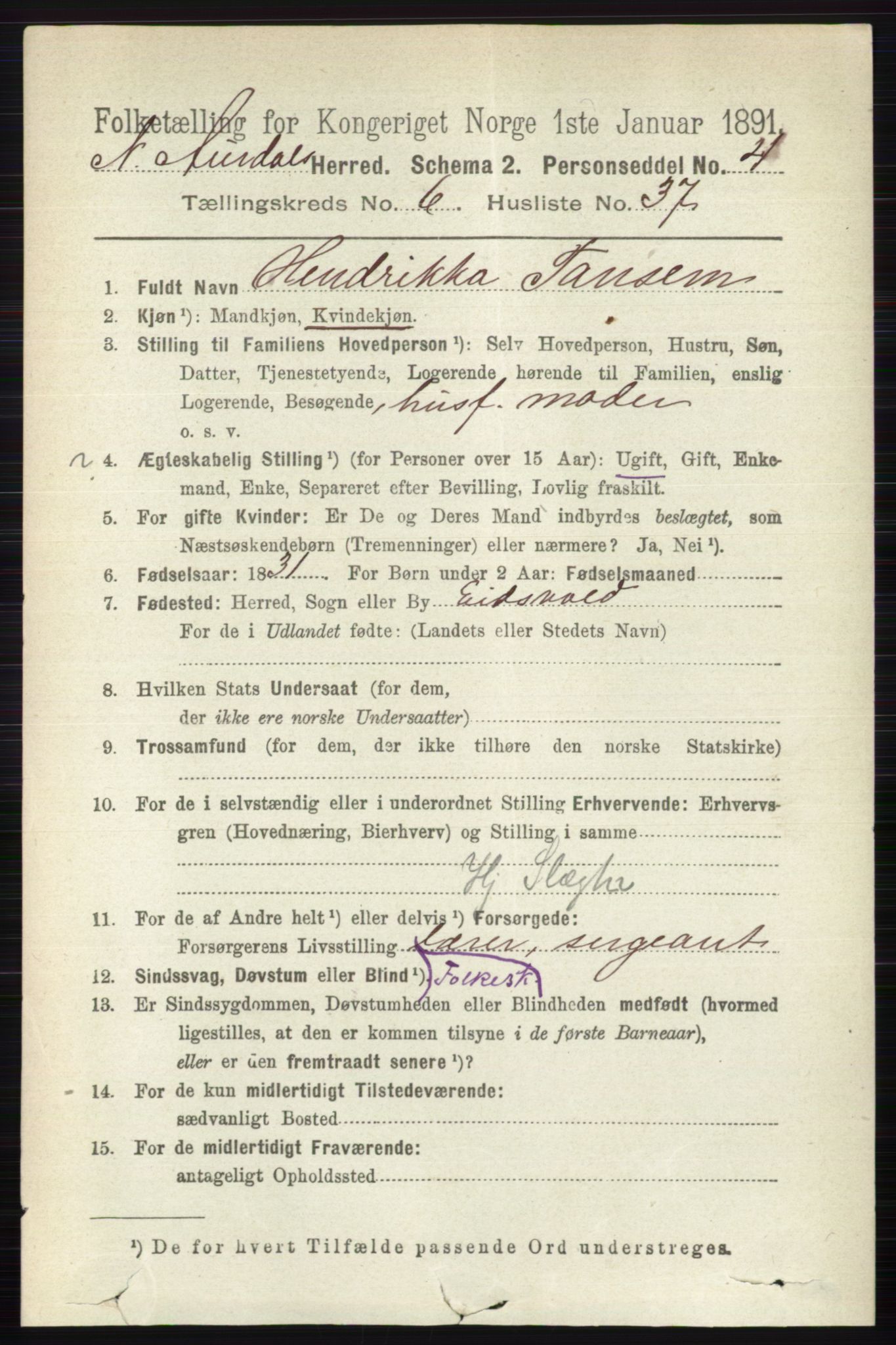 RA, 1891 census for 0542 Nord-Aurdal, 1891, p. 2318