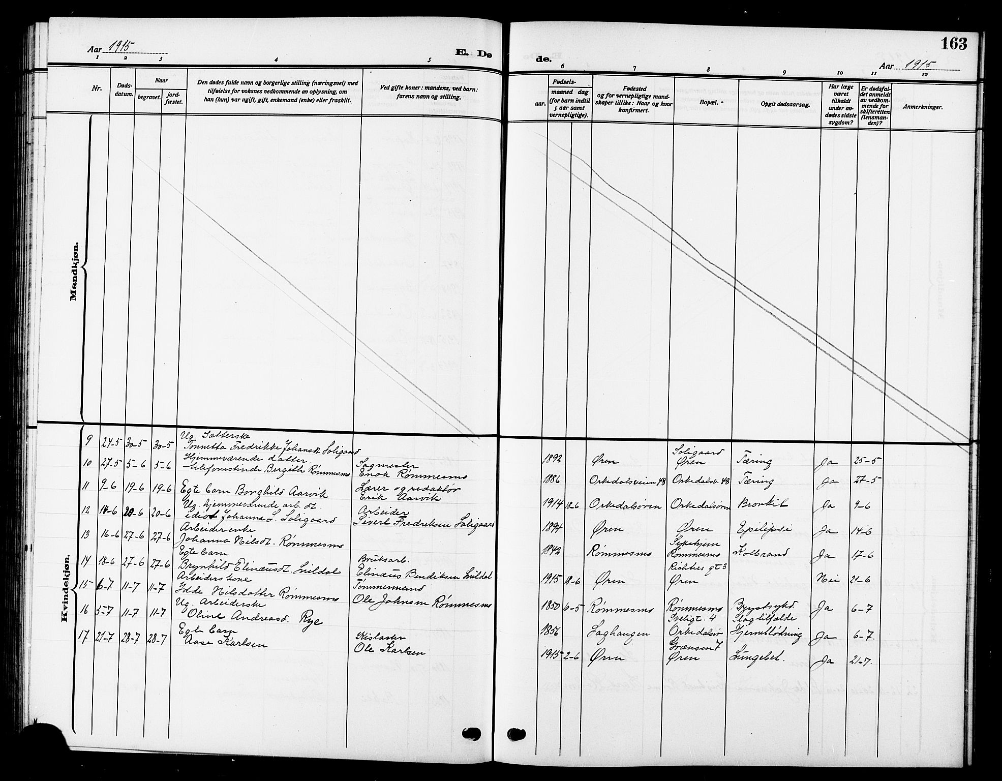 Ministerialprotokoller, klokkerbøker og fødselsregistre - Sør-Trøndelag, SAT/A-1456/669/L0831: Parish register (copy) no. 669C01, 1909-1924, p. 163