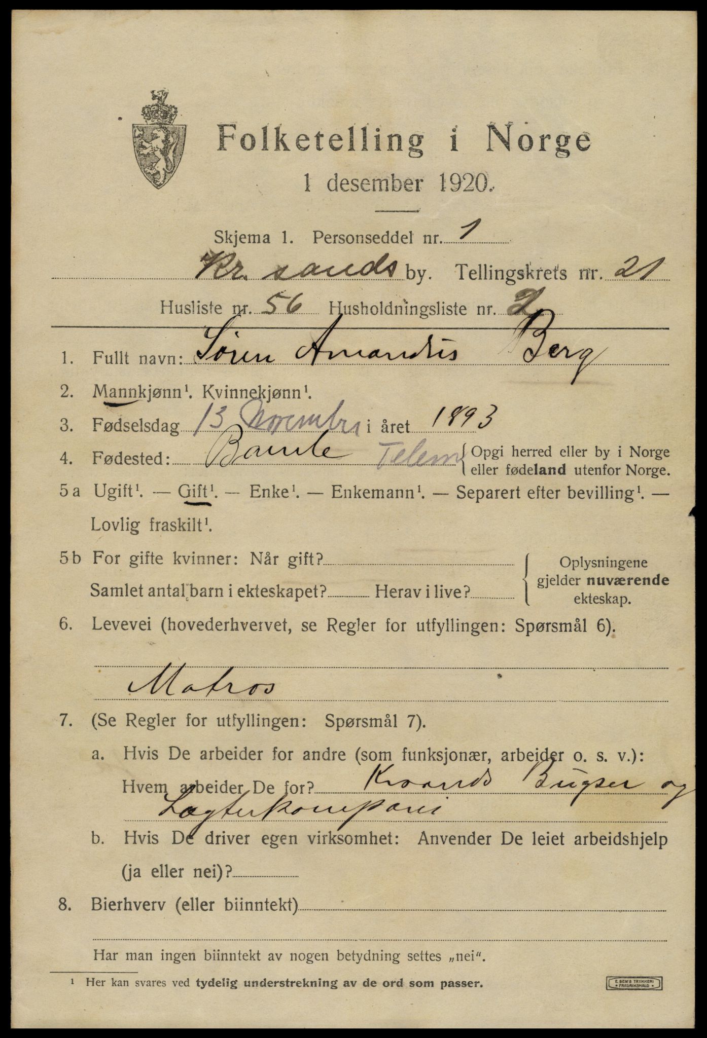 SAK, 1920 census for Kristiansand, 1920, p. 38393