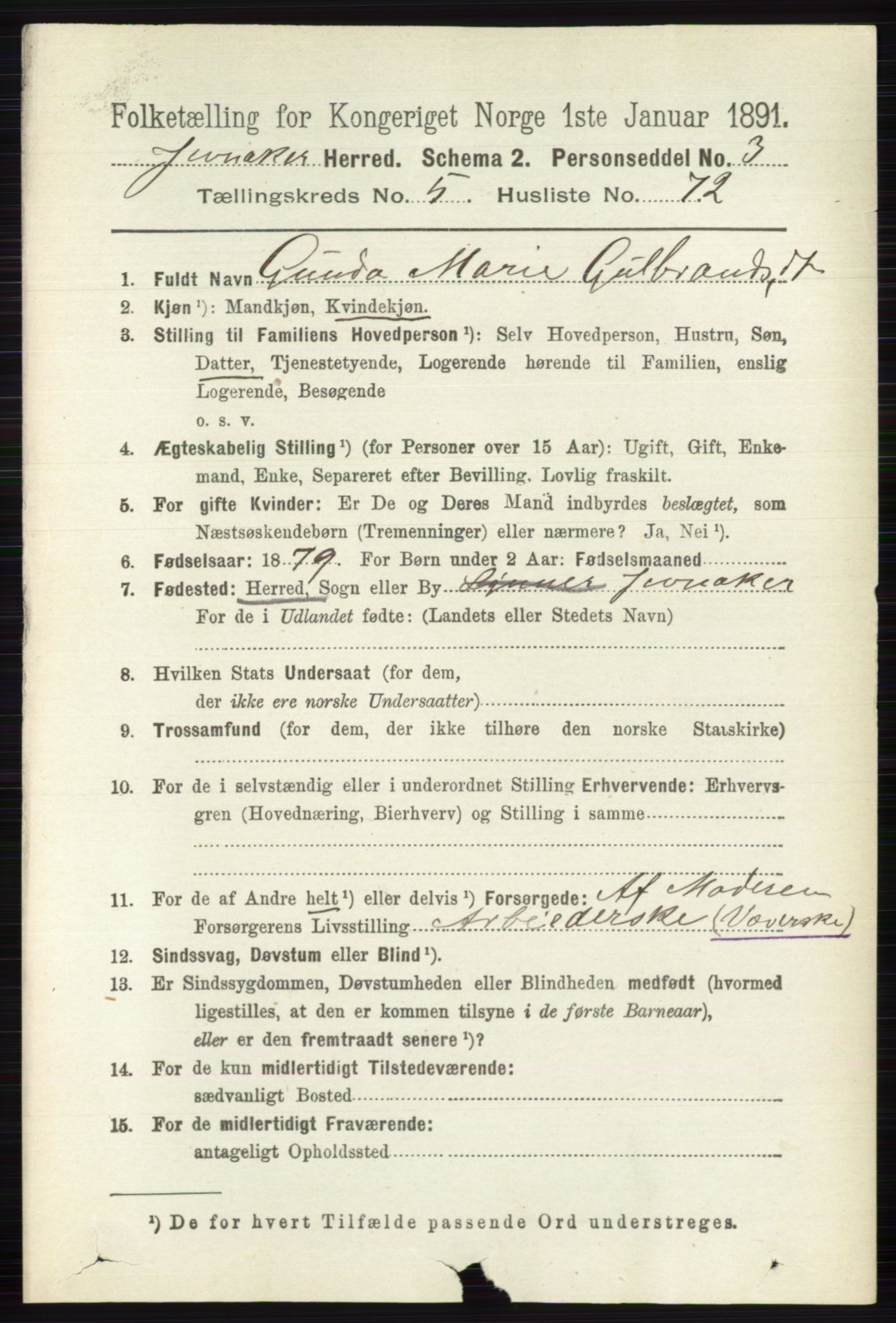 RA, 1891 census for 0532 Jevnaker, 1891, p. 2819
