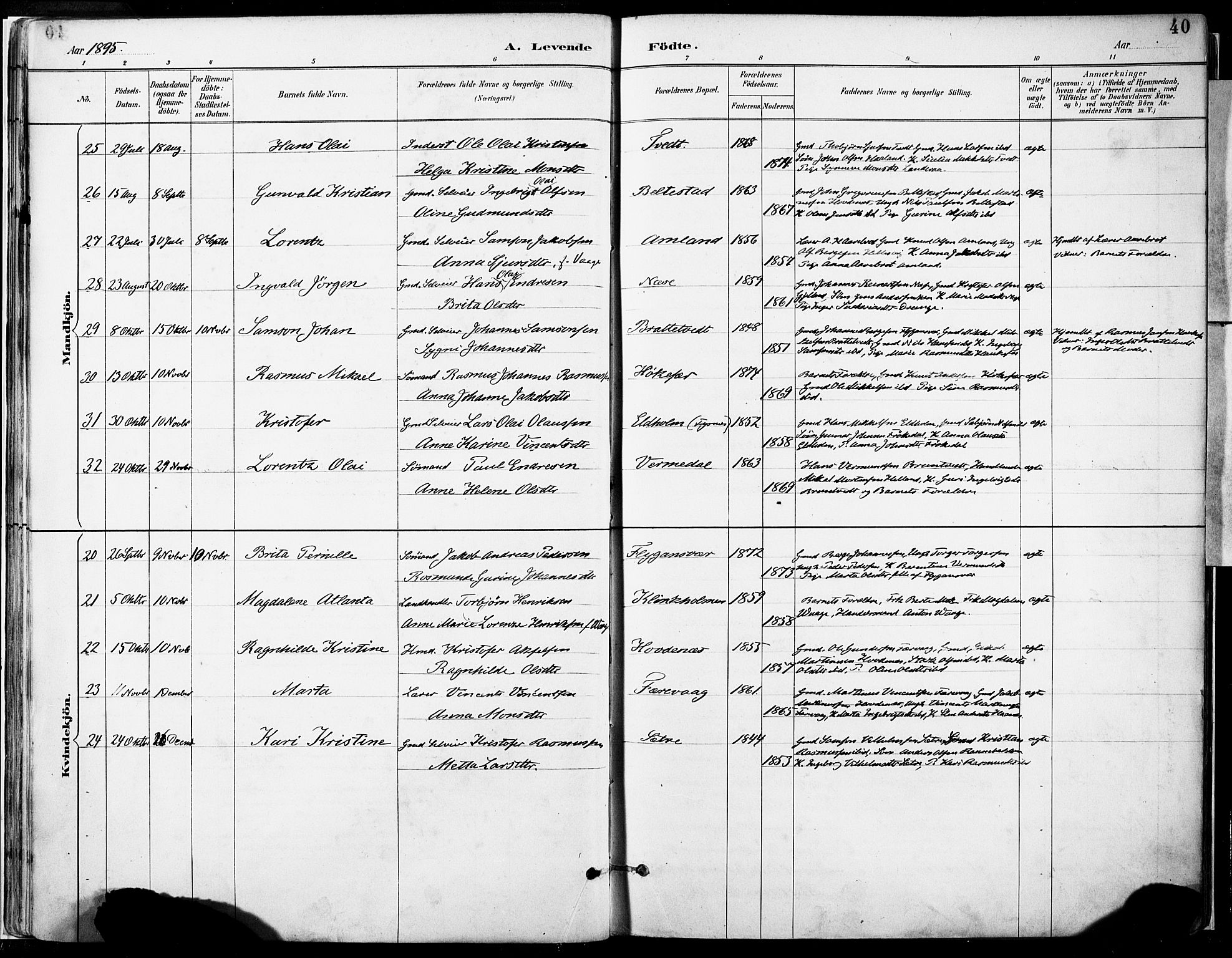 Tysnes sokneprestembete, AV/SAB-A-78601/H/Haa: Parish register (official) no. D 1, 1887-1904, p. 40