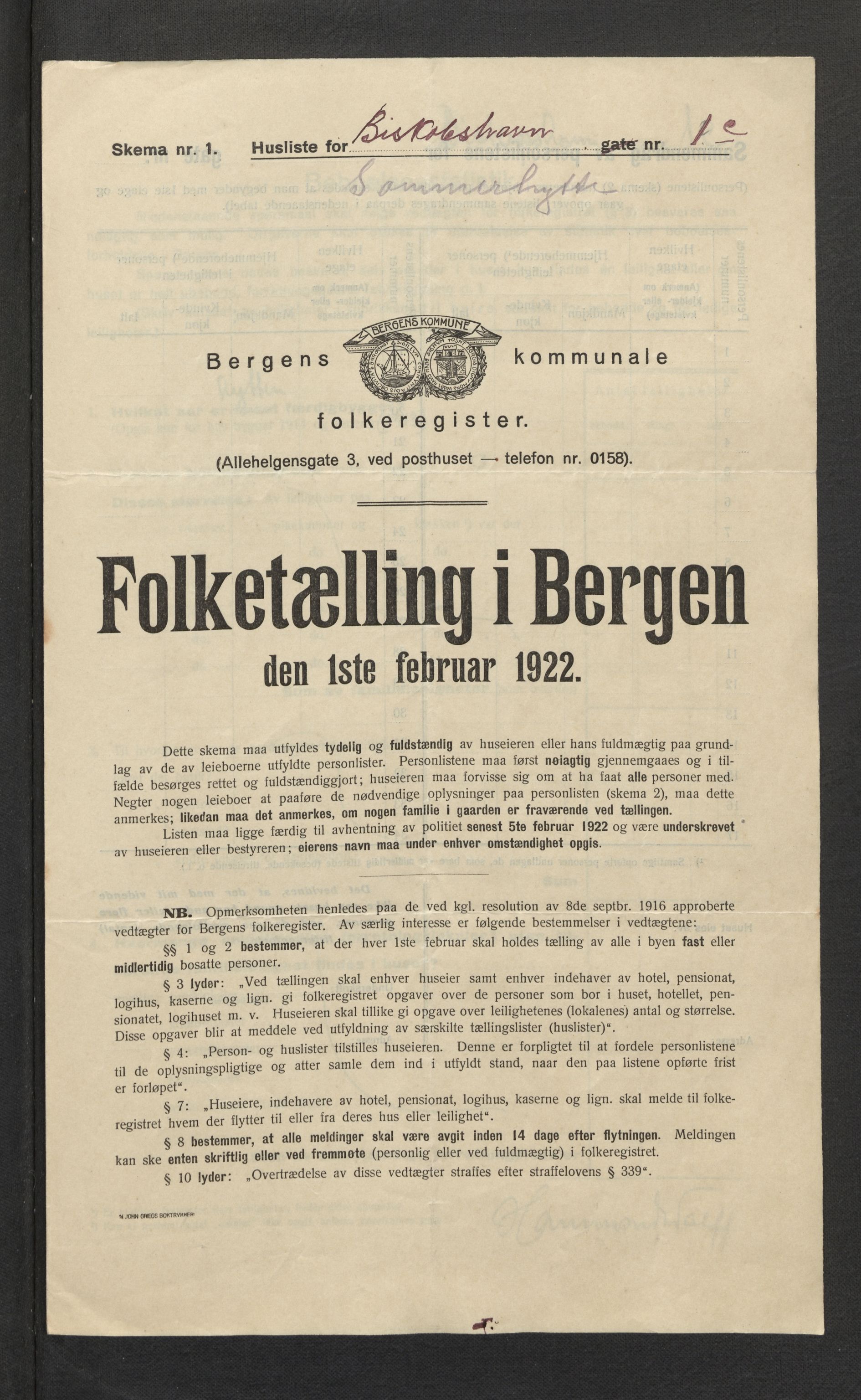 SAB, Municipal Census 1922 for Bergen, 1922, p. 2769