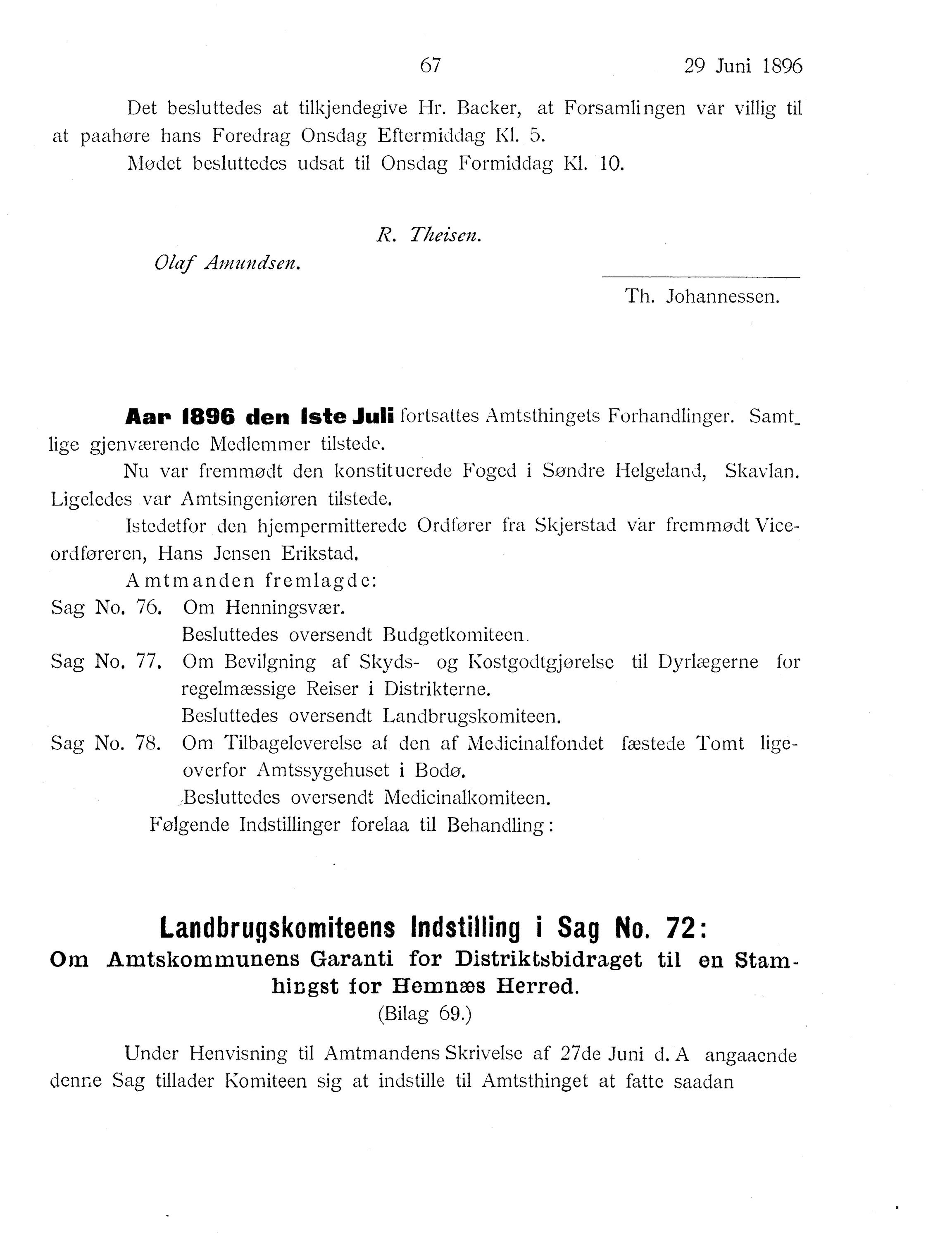Nordland Fylkeskommune. Fylkestinget, AIN/NFK-17/176/A/Ac/L0019: Fylkestingsforhandlinger 1896, 1896, p. 67
