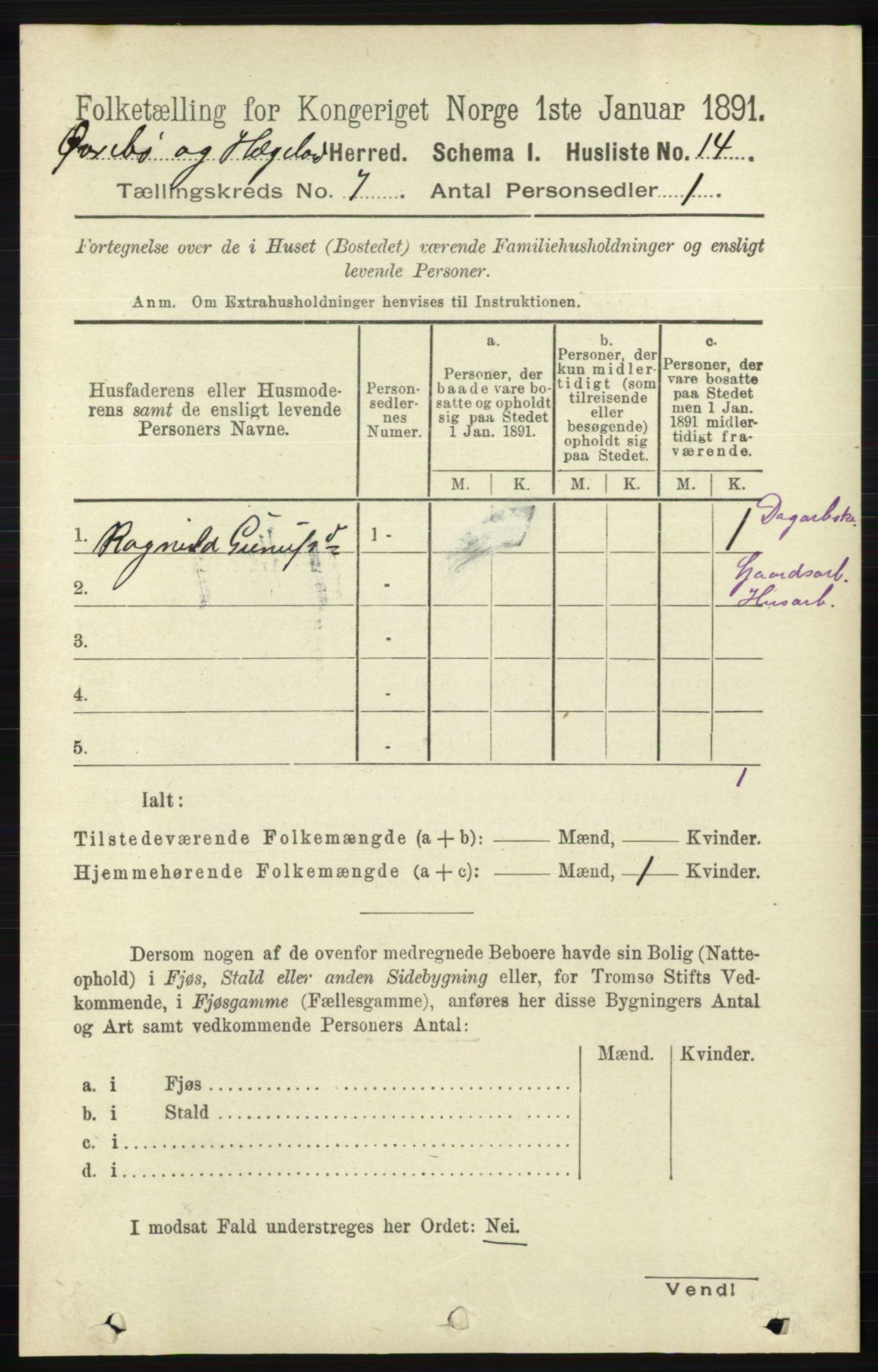 RA, 1891 census for 1016 Øvrebø og Hægeland, 1891, p. 1325