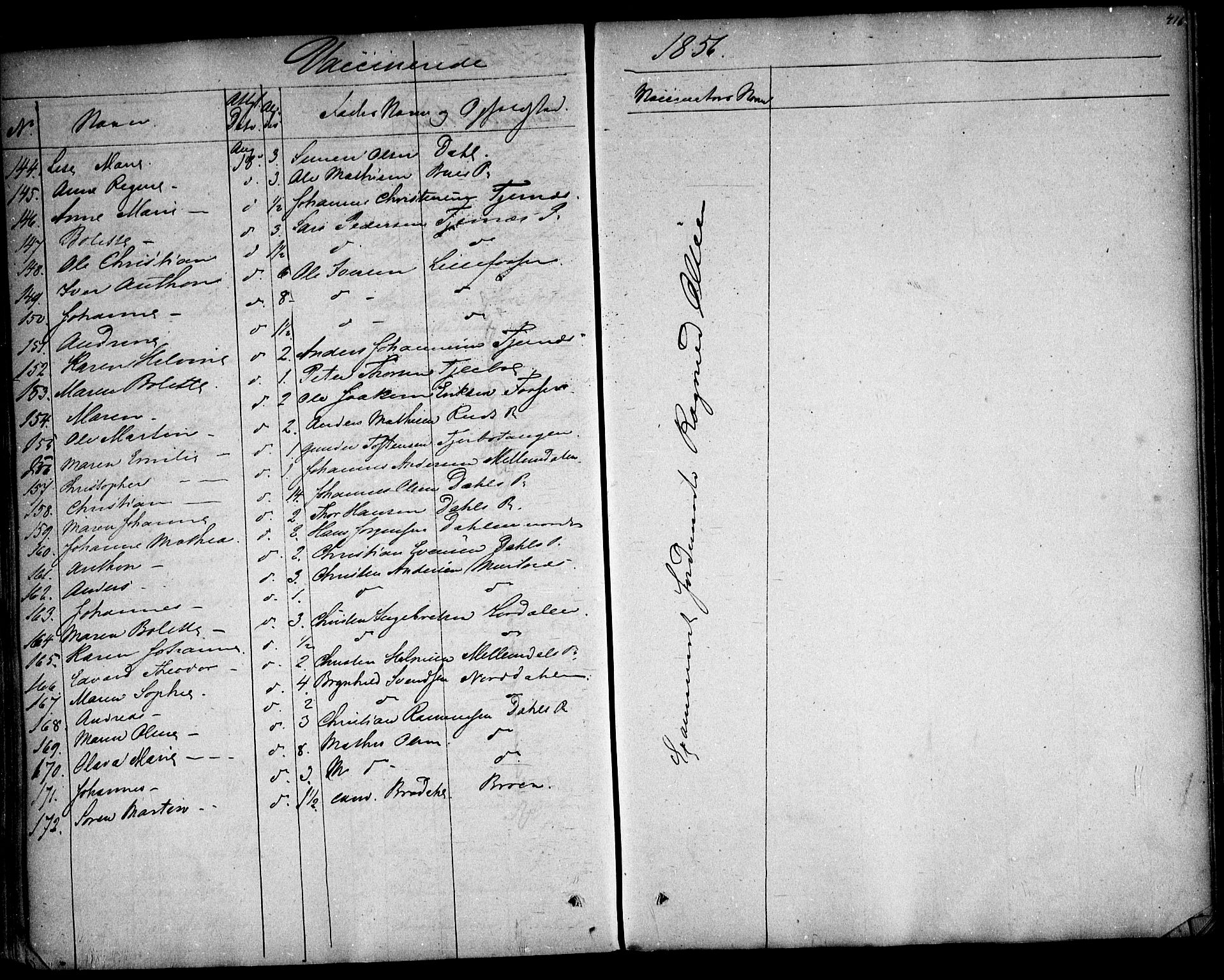 Rakkestad prestekontor Kirkebøker, AV/SAO-A-2008/F/Fa/L0009: Parish register (official) no. I 9, 1850-1856, p. 416