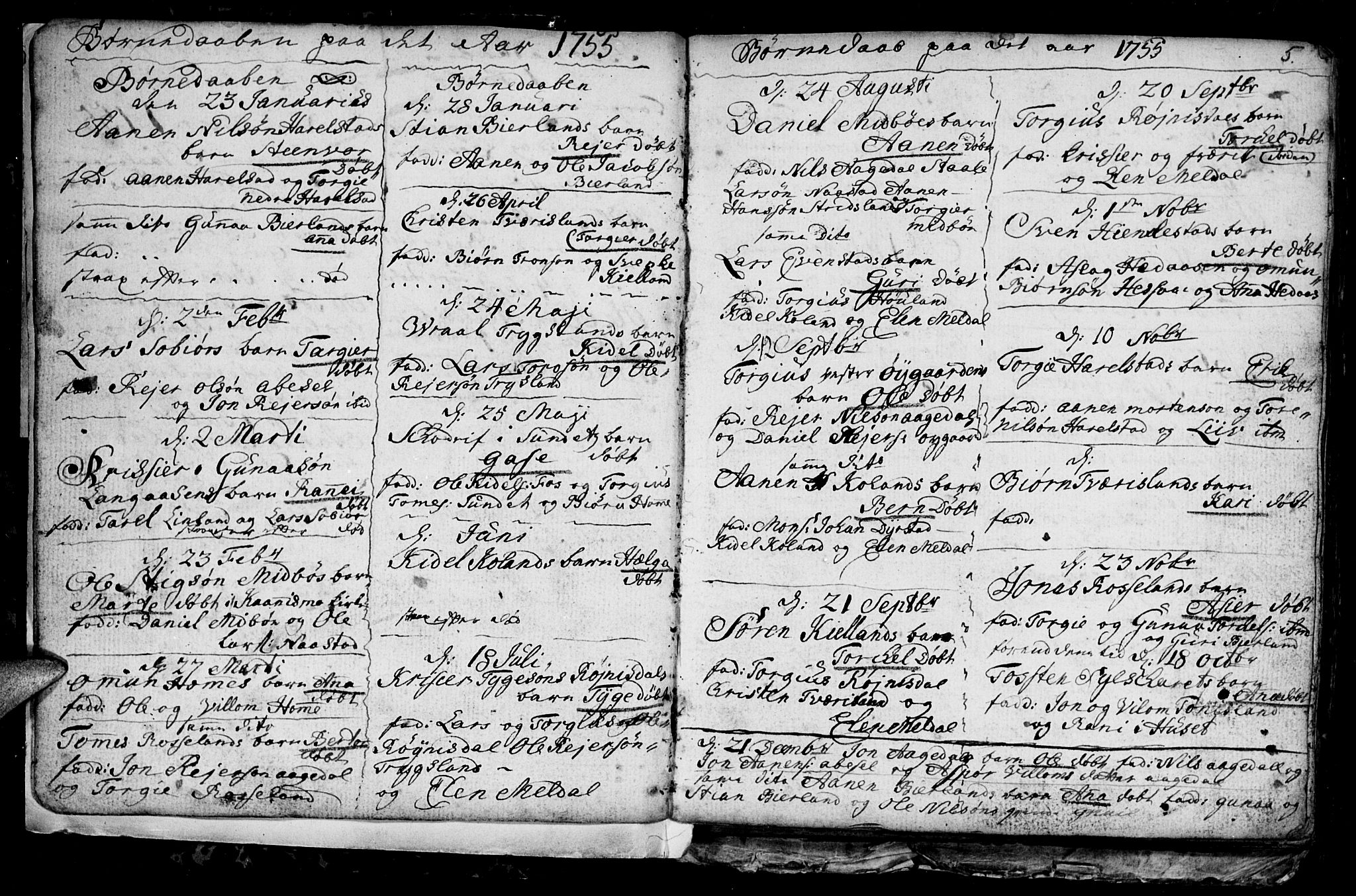 Bjelland sokneprestkontor, AV/SAK-1111-0005/F/Fb/Fba/L0002: Parish register (copy) no. B 2, 1753-1792, p. 5