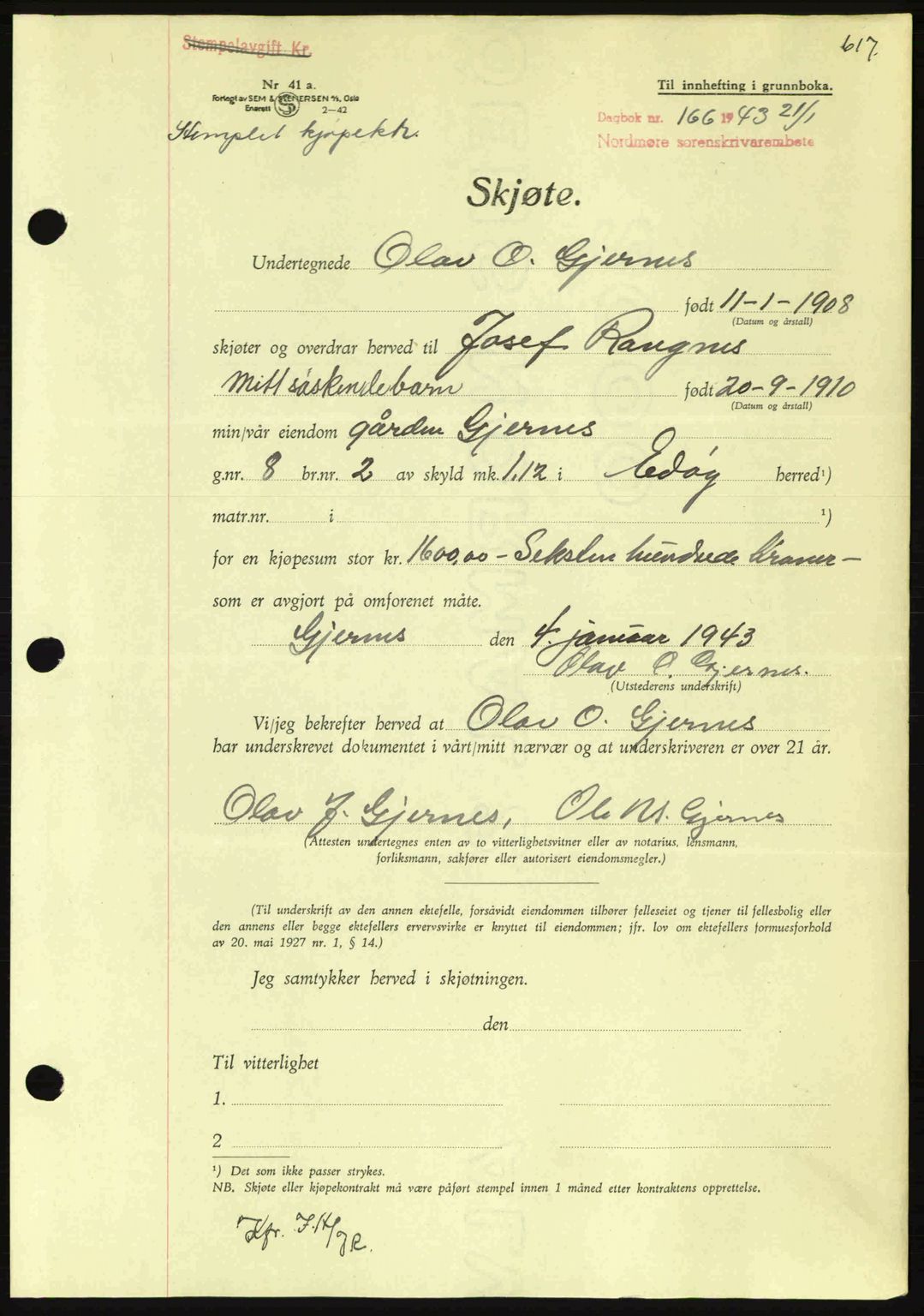 Nordmøre sorenskriveri, AV/SAT-A-4132/1/2/2Ca: Mortgage book no. A94, 1942-1943, Diary no: : 166/1943