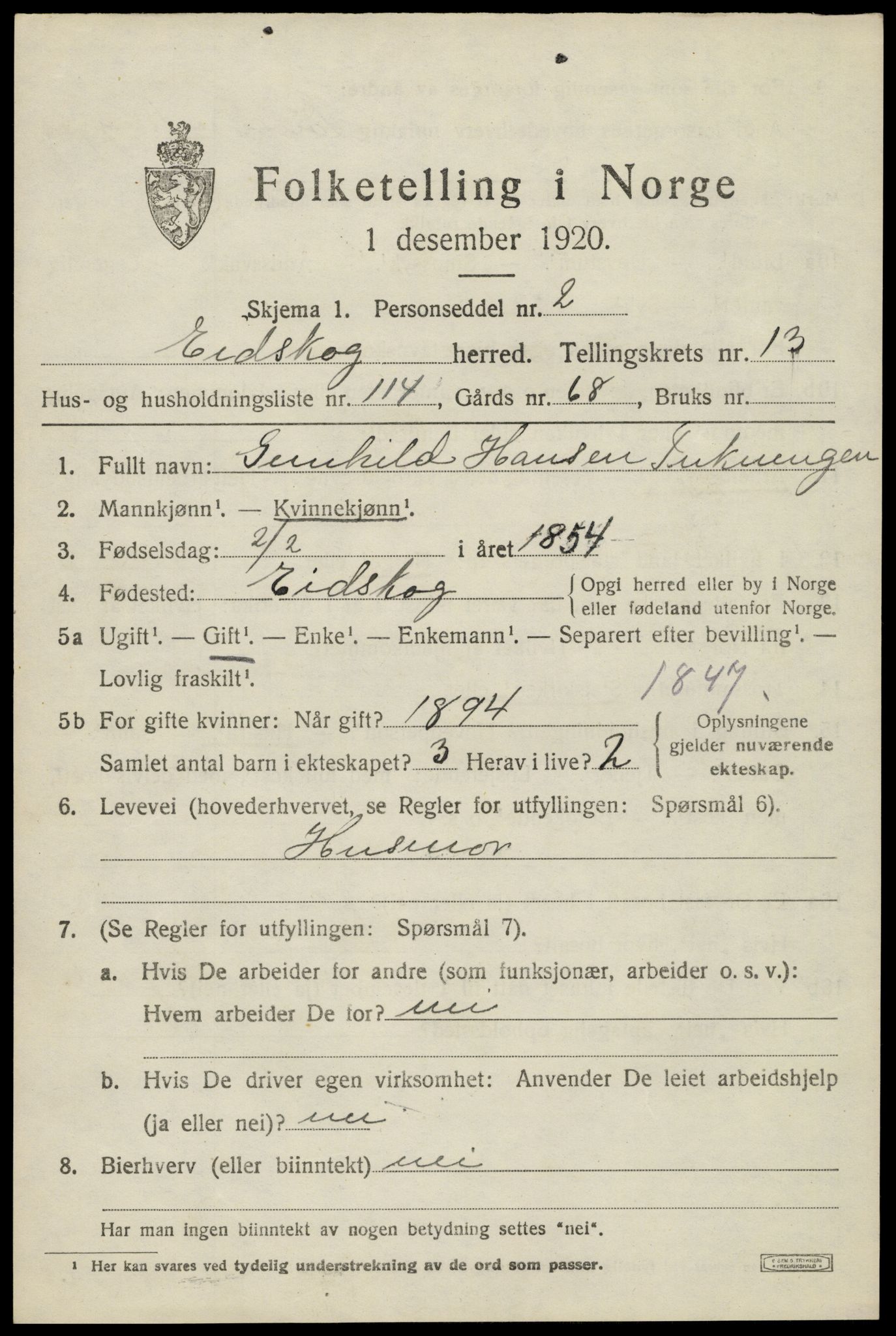 SAH, 1920 census for Eidskog, 1920, p. 13323