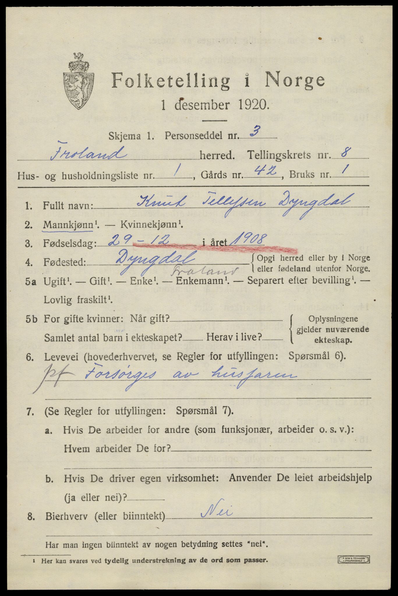 SAK, 1920 census for Froland, 1920, p. 4579