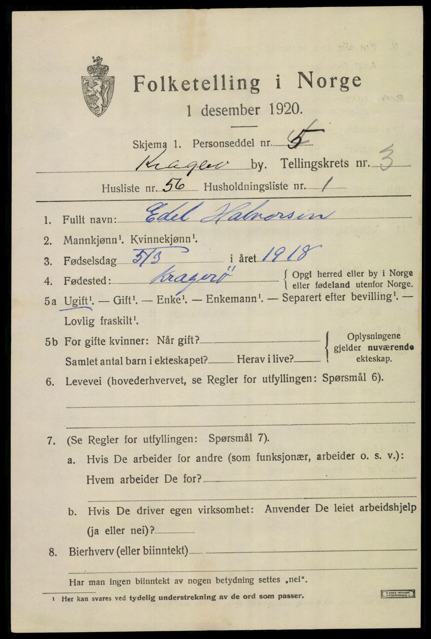 SAKO, 1920 census for Kragerø, 1920, p. 7695