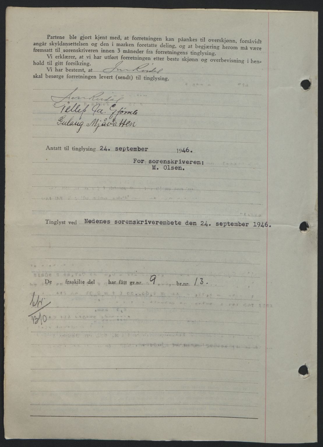 Nedenes sorenskriveri, AV/SAK-1221-0006/G/Gb/Gba/L0056: Mortgage book no. A8, 1946-1947, Diary no: : 1165/1946