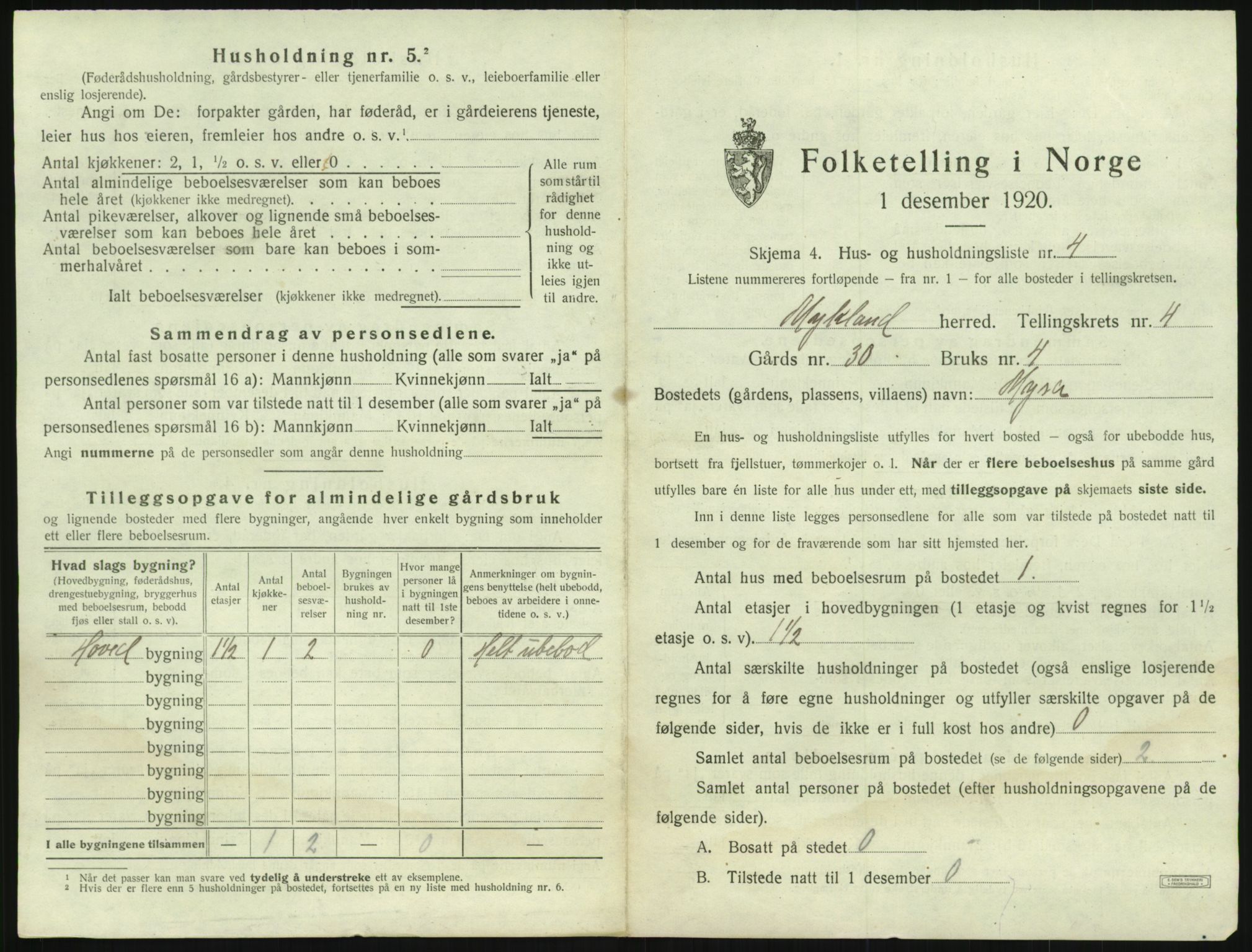 SAK, 1920 census for Mykland, 1920, p. 198