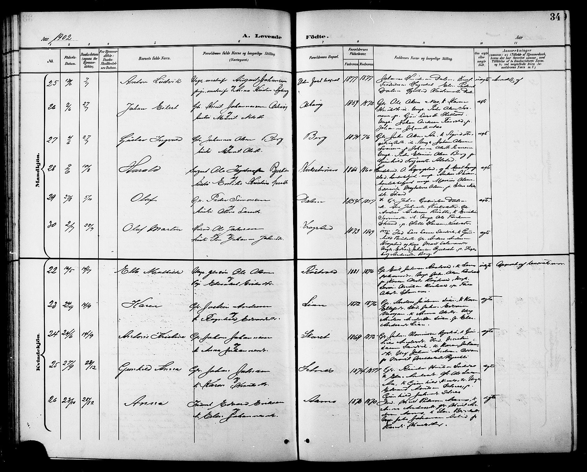 Ministerialprotokoller, klokkerbøker og fødselsregistre - Sør-Trøndelag, AV/SAT-A-1456/630/L0505: Parish register (copy) no. 630C03, 1899-1914, p. 34