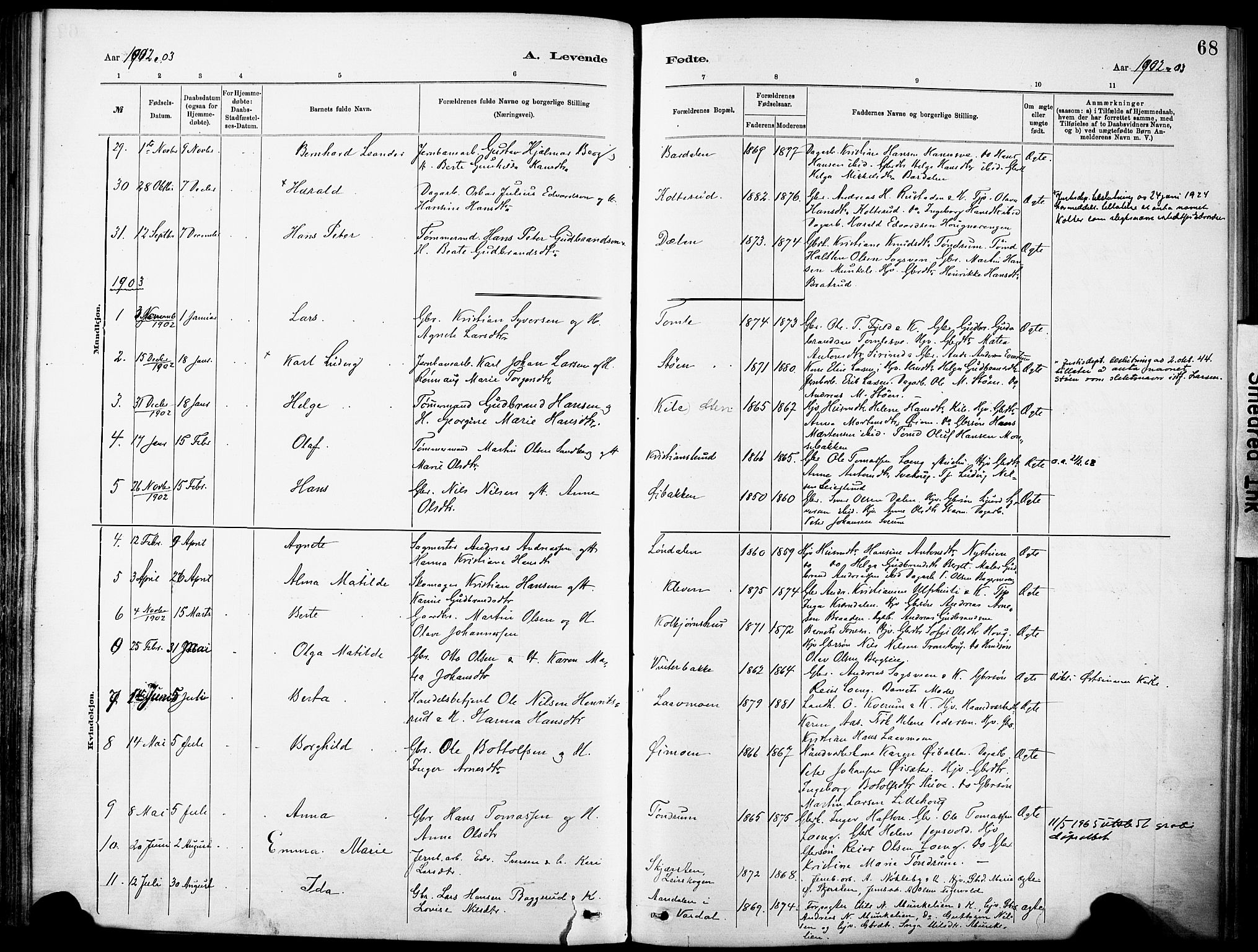 Nordre Land prestekontor, SAH/PREST-124/H/Ha/Haa/L0005: Parish register (official) no. 5, 1882-1903, p. 68