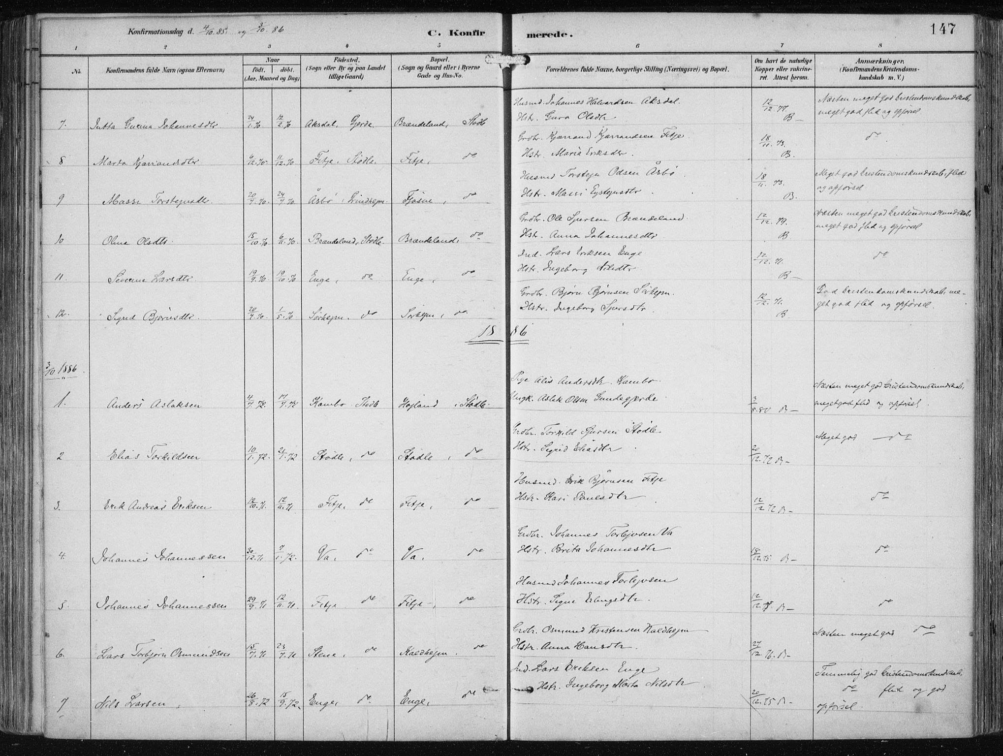 Etne sokneprestembete, SAB/A-75001/H/Haa: Parish register (official) no. B  1, 1879-1919, p. 147