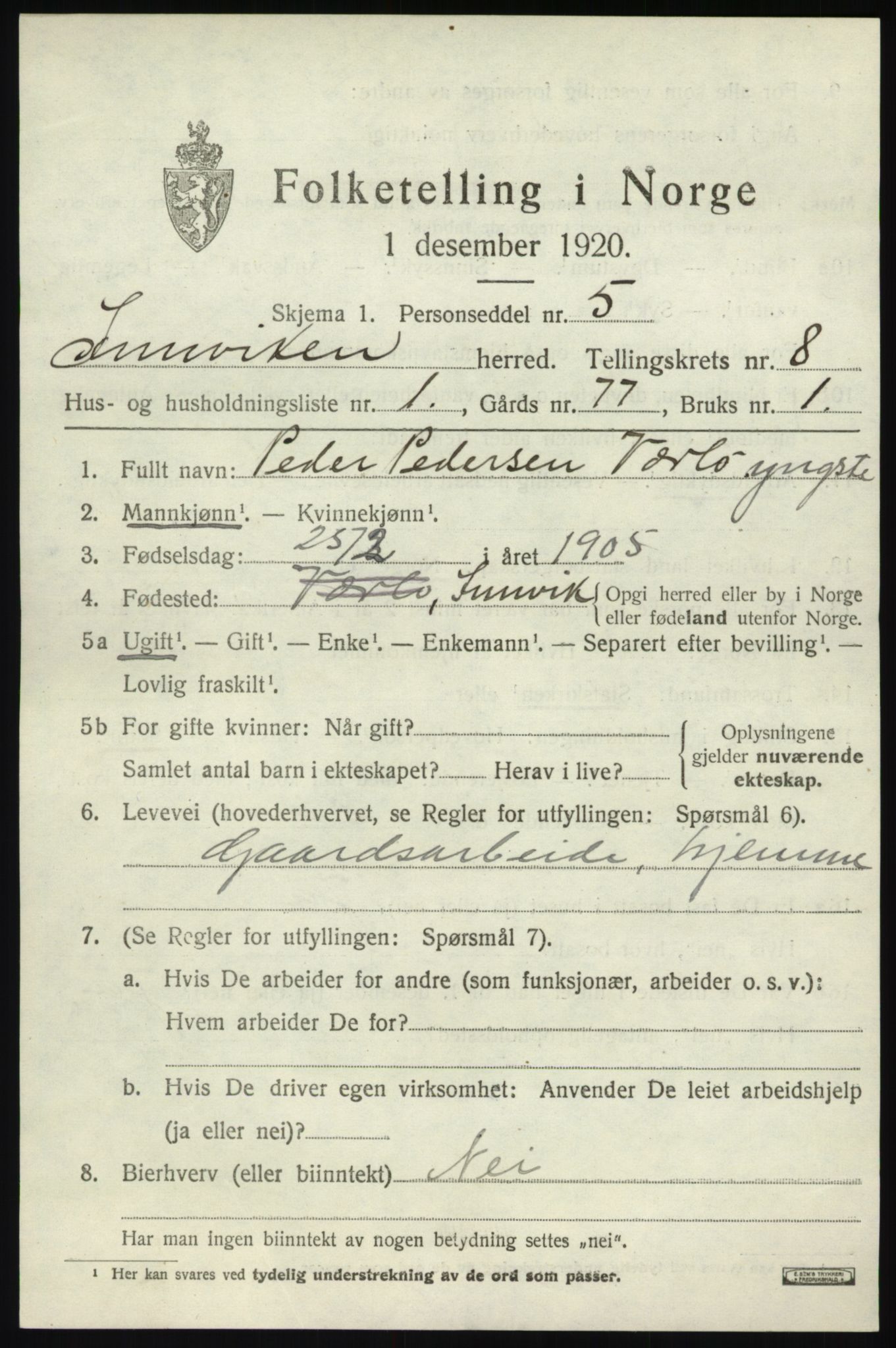 SAB, 1920 census for Innvik, 1920, p. 3439