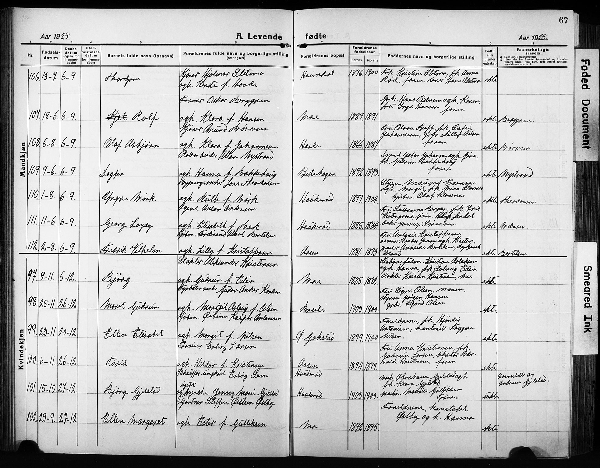 Sandar kirkebøker, AV/SAKO-A-243/G/Ga/L0004: Parish register (copy) no. 4, 1922-1932, p. 67