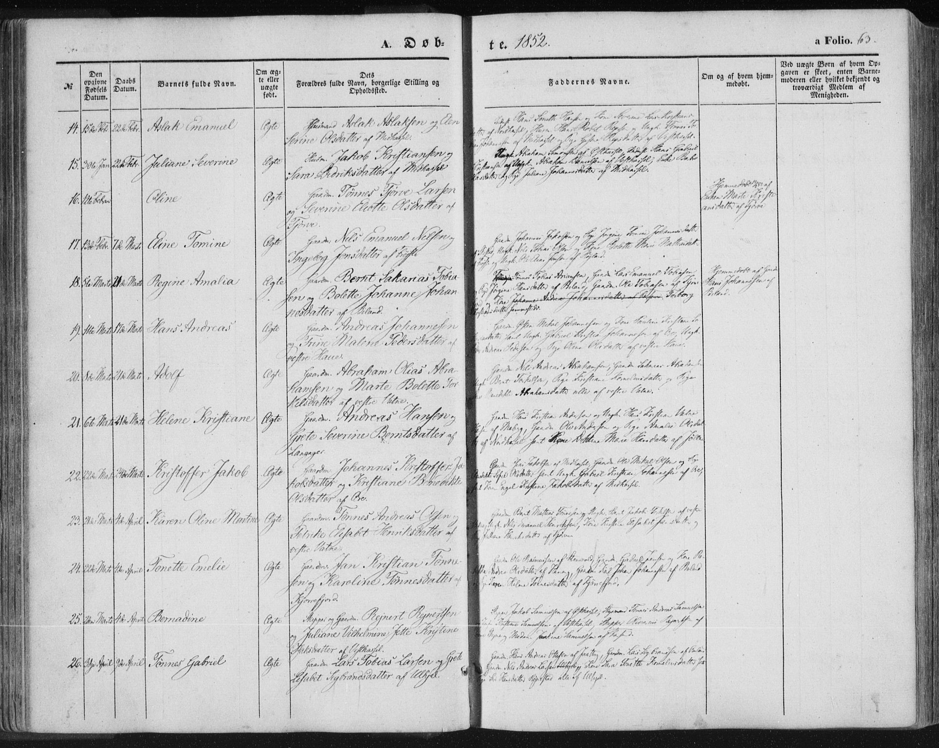 Lista sokneprestkontor, AV/SAK-1111-0027/F/Fa/L0010: Parish register (official) no. A 10, 1846-1861, p. 63