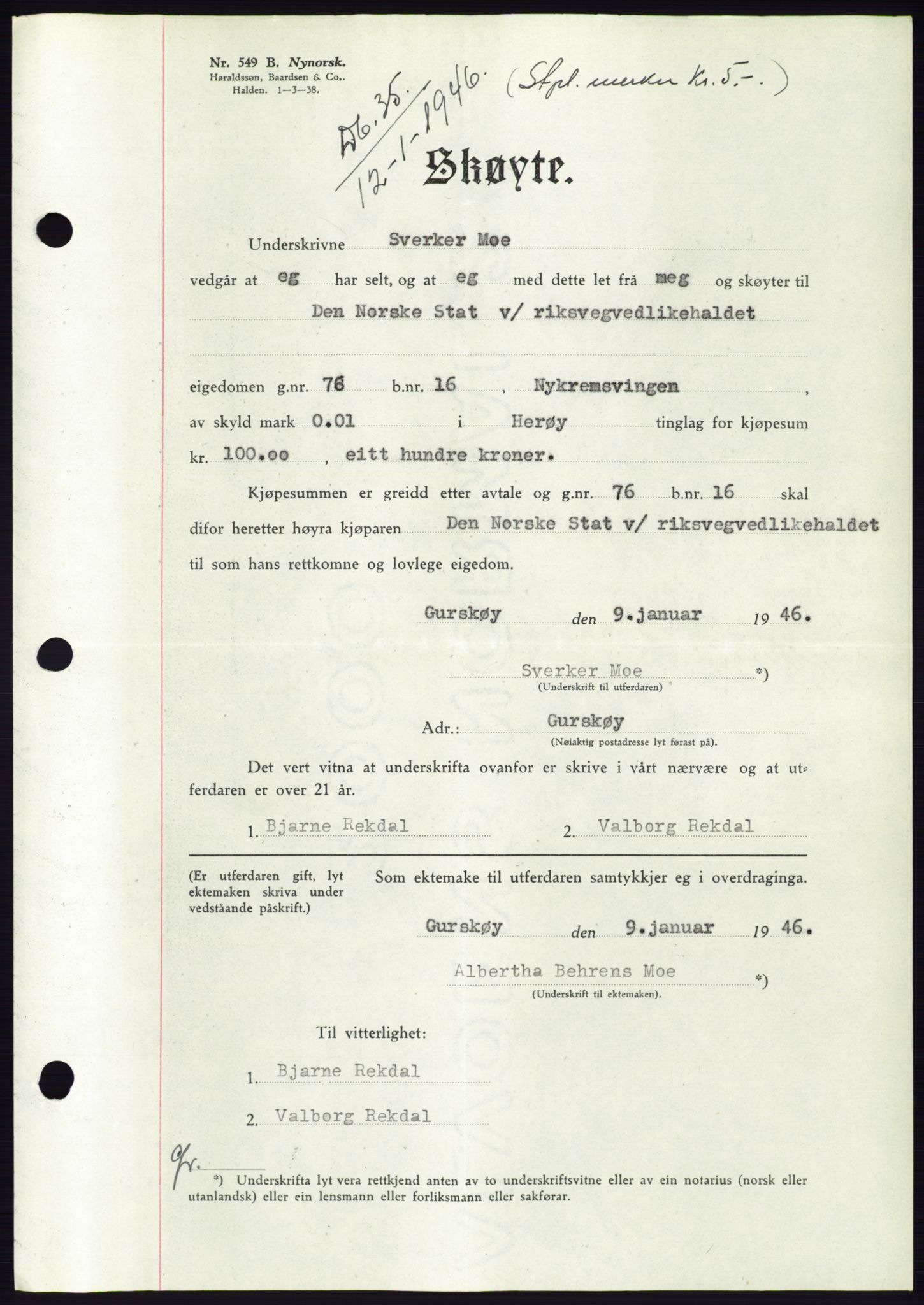 Søre Sunnmøre sorenskriveri, AV/SAT-A-4122/1/2/2C/L0077: Mortgage book no. 3A, 1945-1946, Diary no: : 35/1946