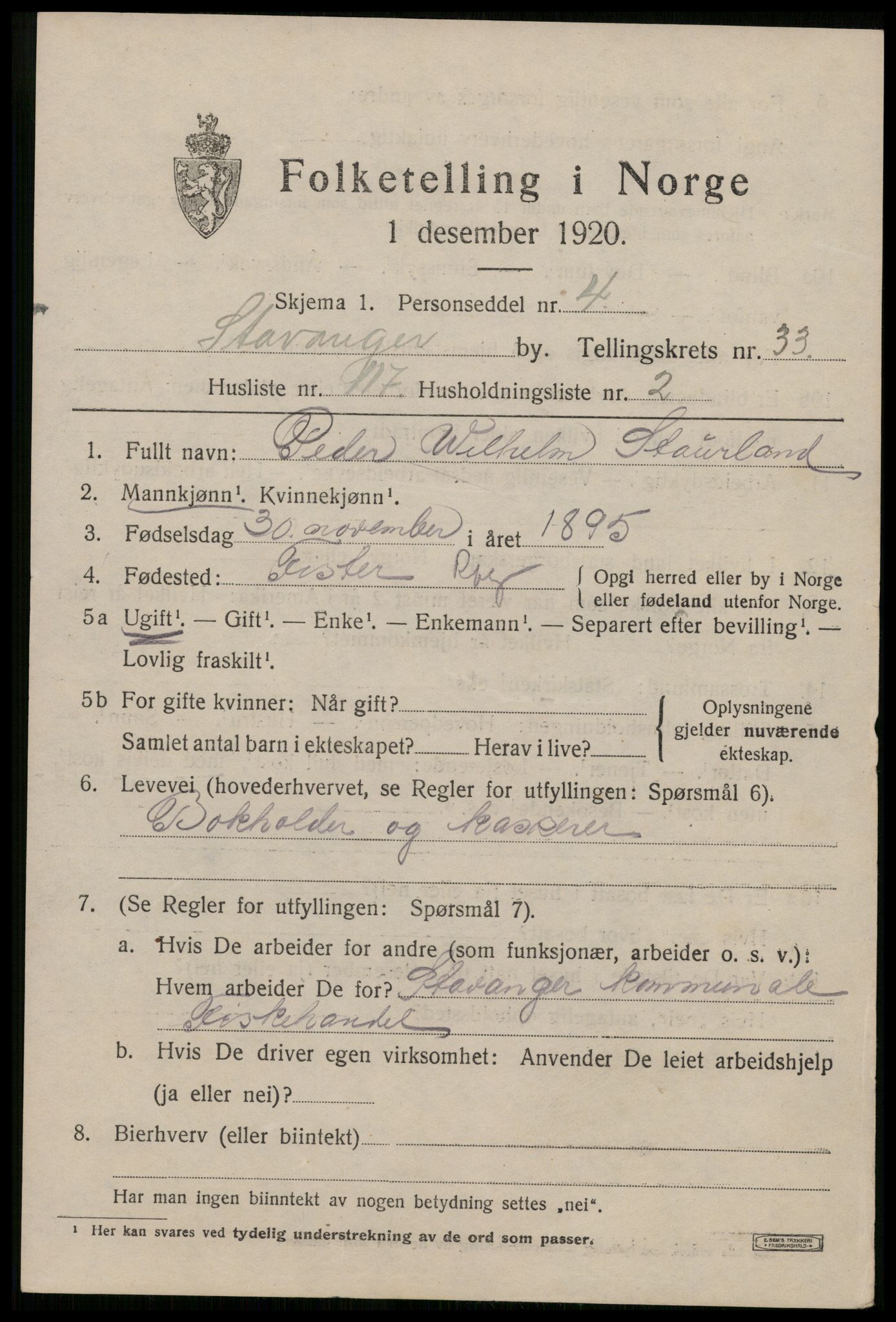 SAST, 1920 census for Stavanger, 1920, p. 92452