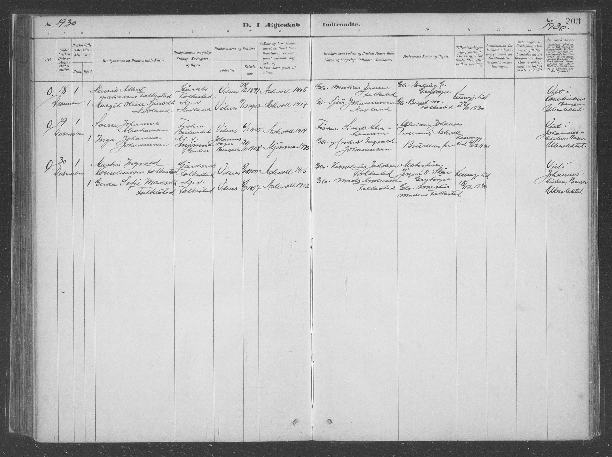 Askvoll sokneprestembete, SAB/A-79501/H/Haa/Haac/L0001: Parish register (official) no. C  1, 1879-1922, p. 203