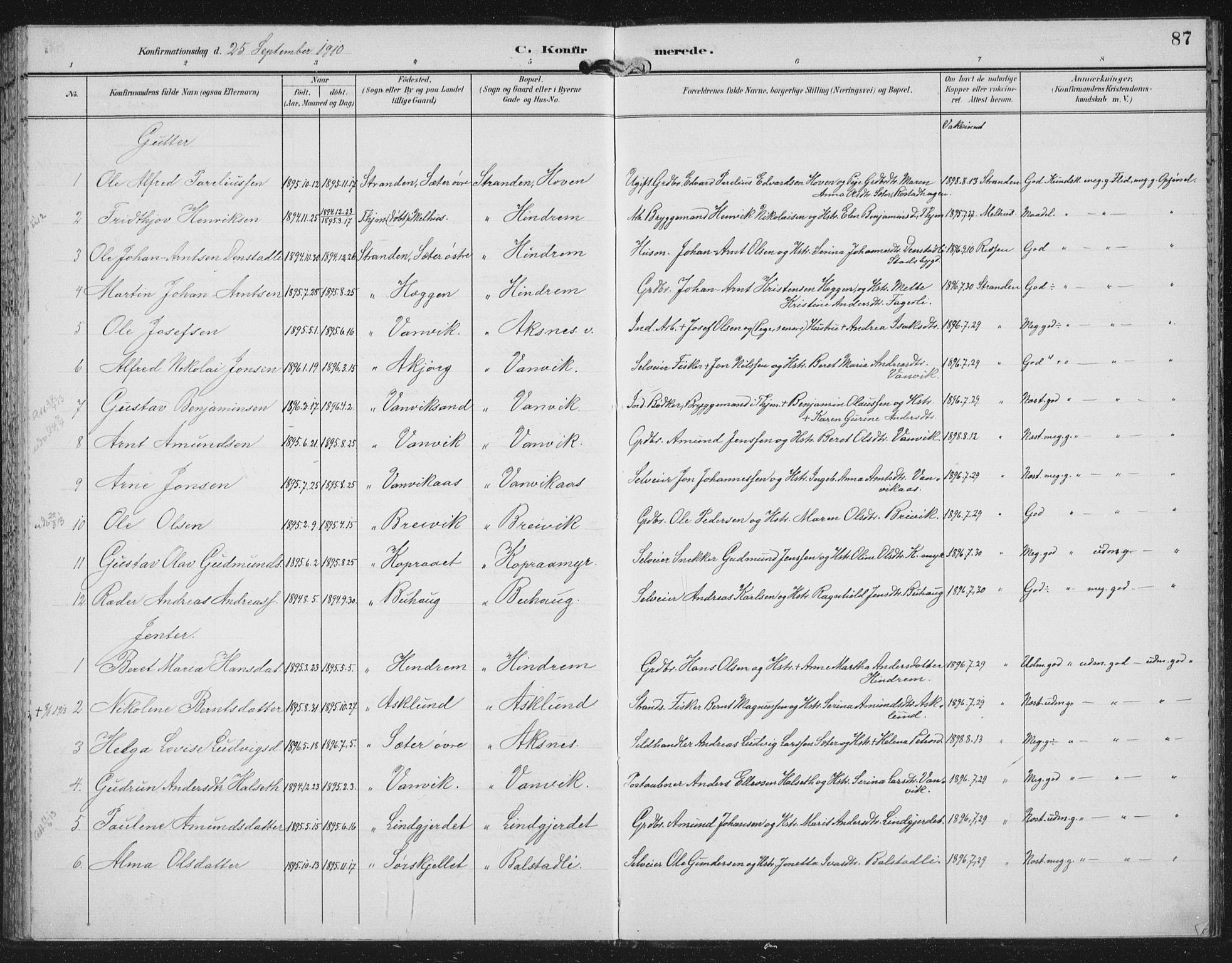 Ministerialprotokoller, klokkerbøker og fødselsregistre - Nord-Trøndelag, SAT/A-1458/702/L0024: Parish register (official) no. 702A02, 1898-1914, p. 87