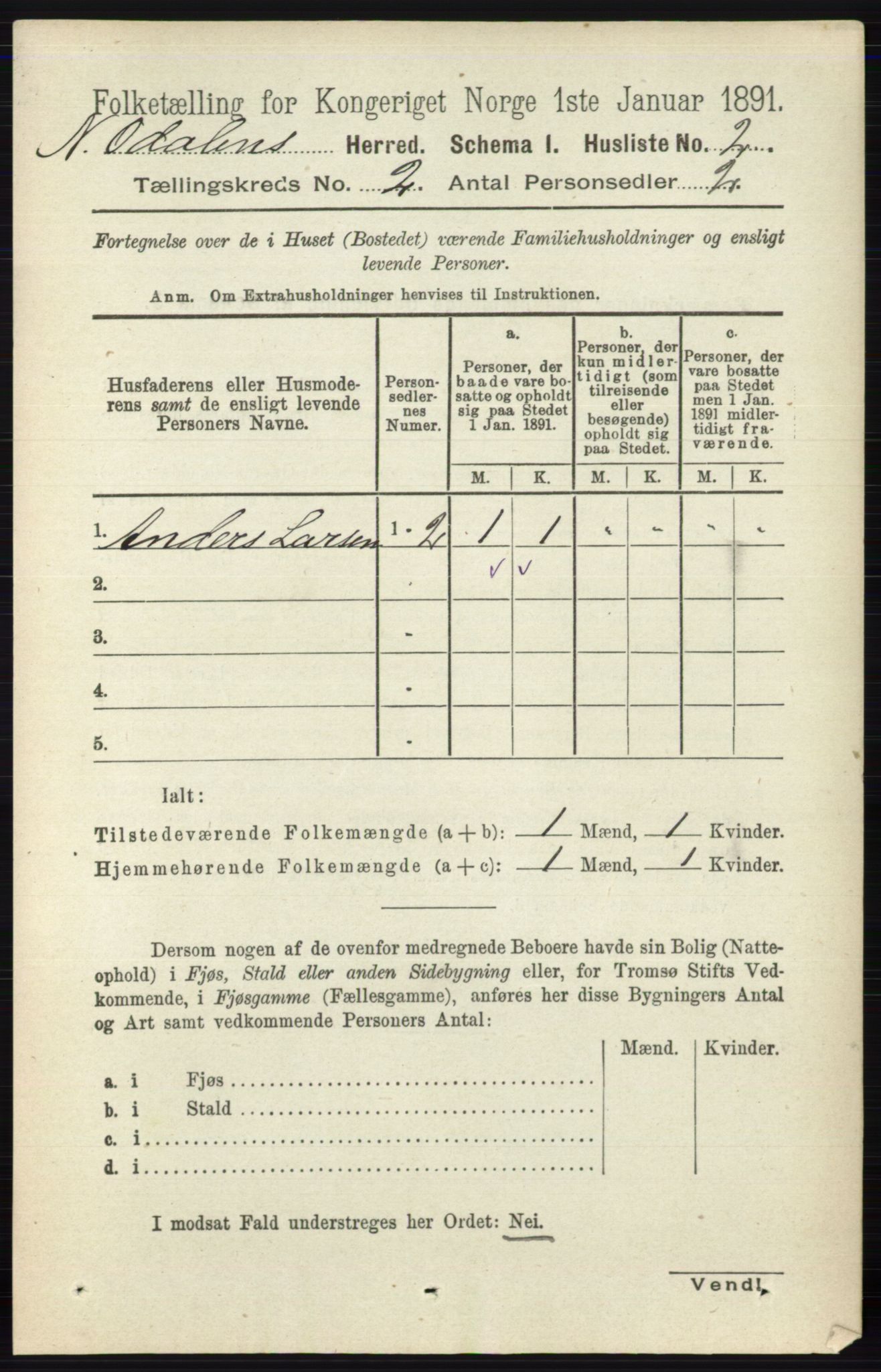 RA, 1891 census for 0418 Nord-Odal, 1891, p. 380