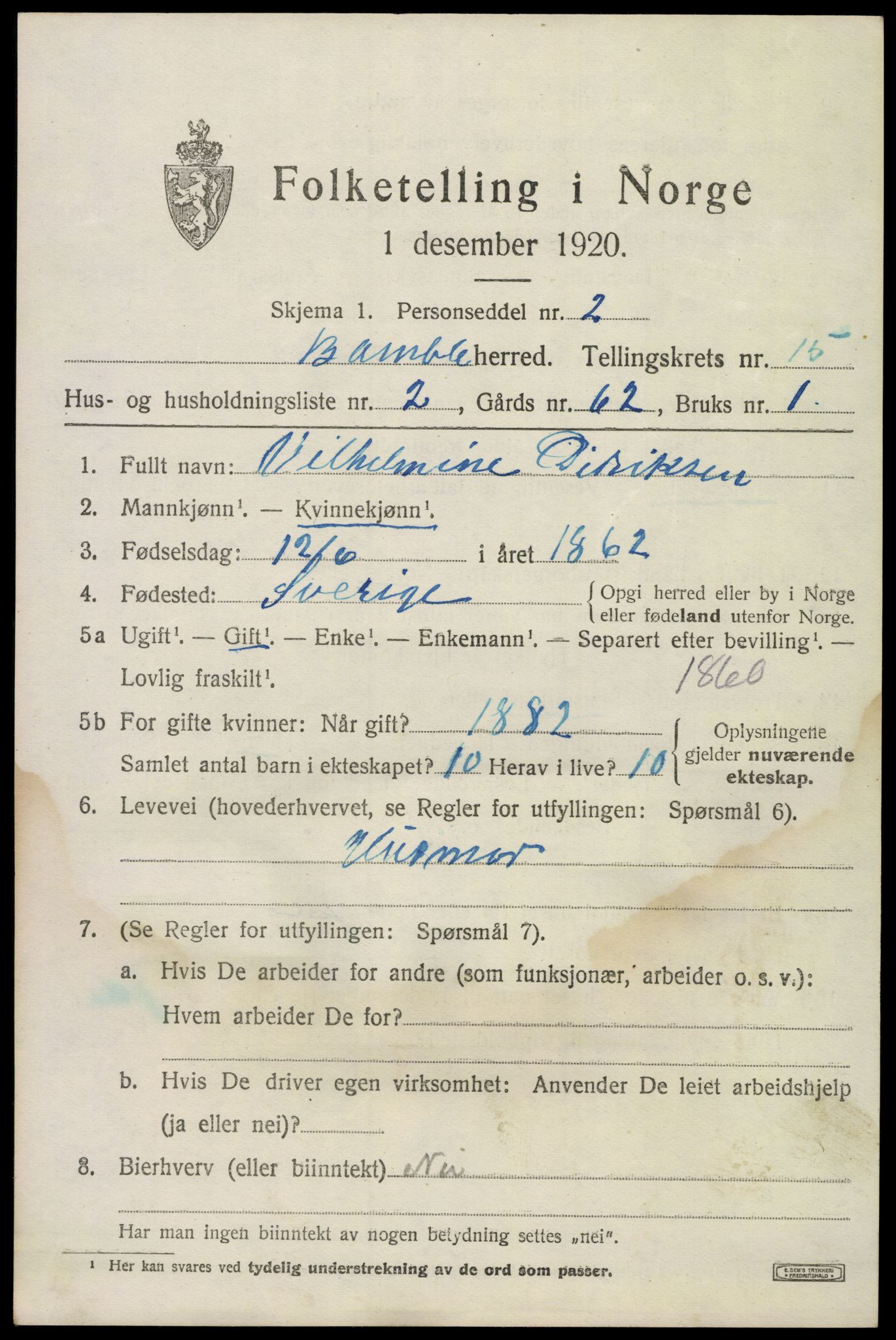 SAKO, 1920 census for Bamble, 1920, p. 10851