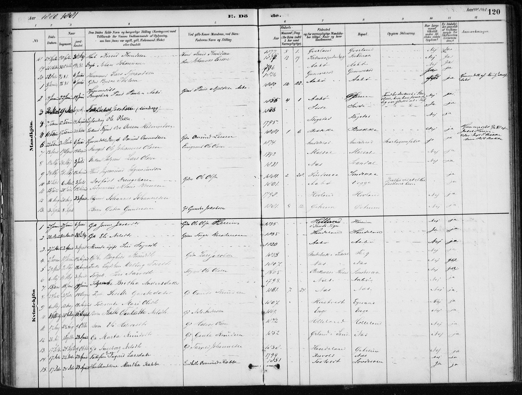 Sand sokneprestkontor, AV/SAST-A-101848/01/III/L0006: Parish register (official) no. A 6, 1880-1898, p. 120