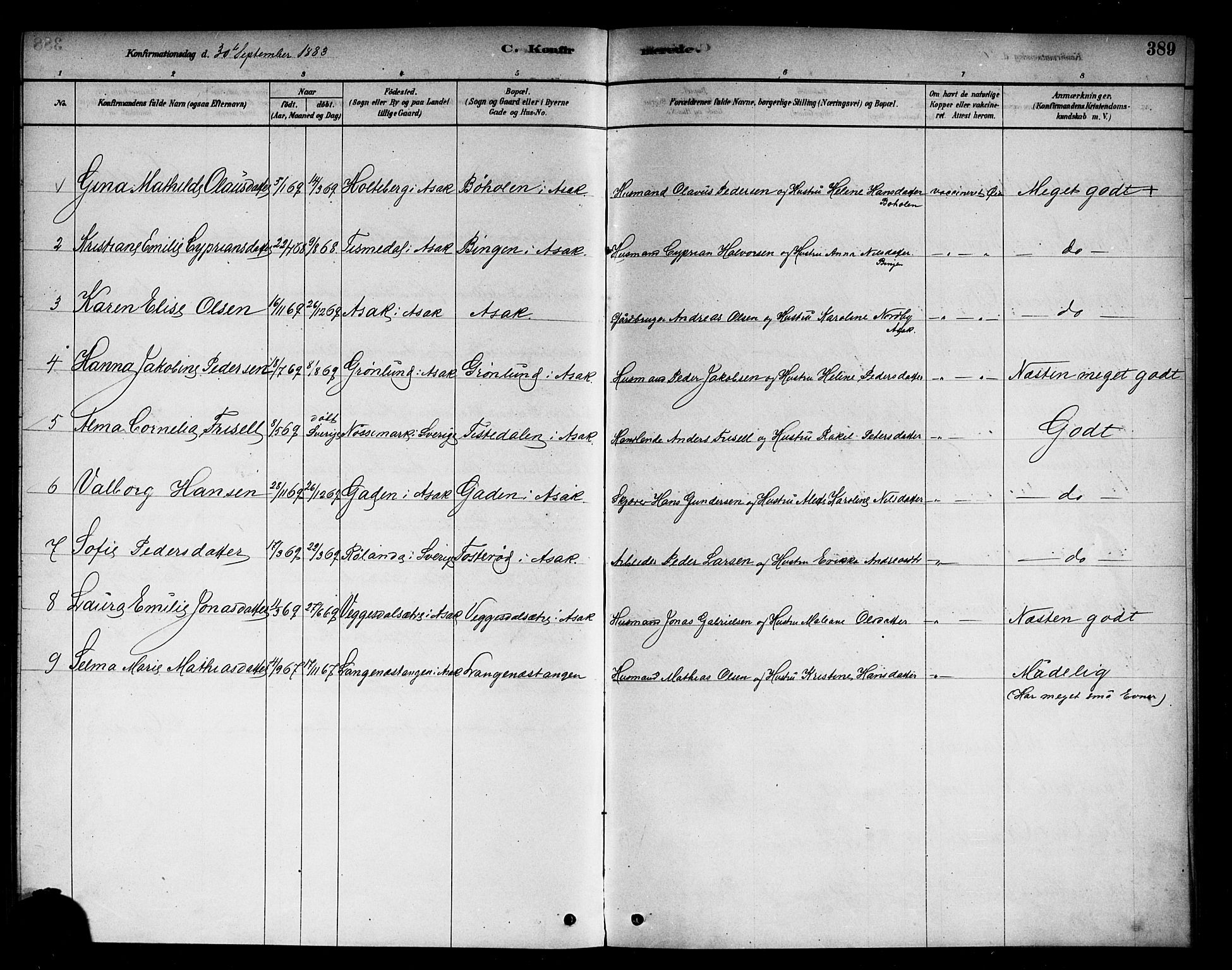 Berg prestekontor Kirkebøker, AV/SAO-A-10902/F/Fb/L0001: Parish register (official) no. II 1, 1878-1887, p. 389