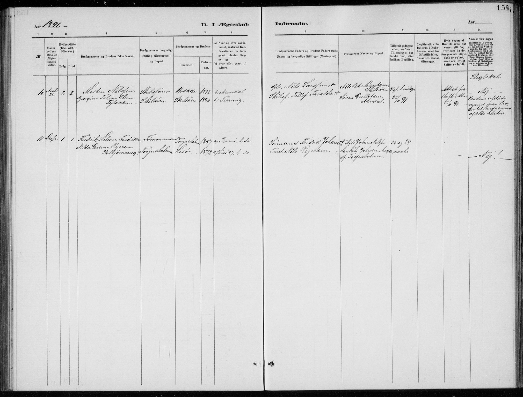 Tromøy sokneprestkontor, AV/SAK-1111-0041/F/Fb/L0005: Parish register (copy) no. B 5, 1877-1891, p. 154