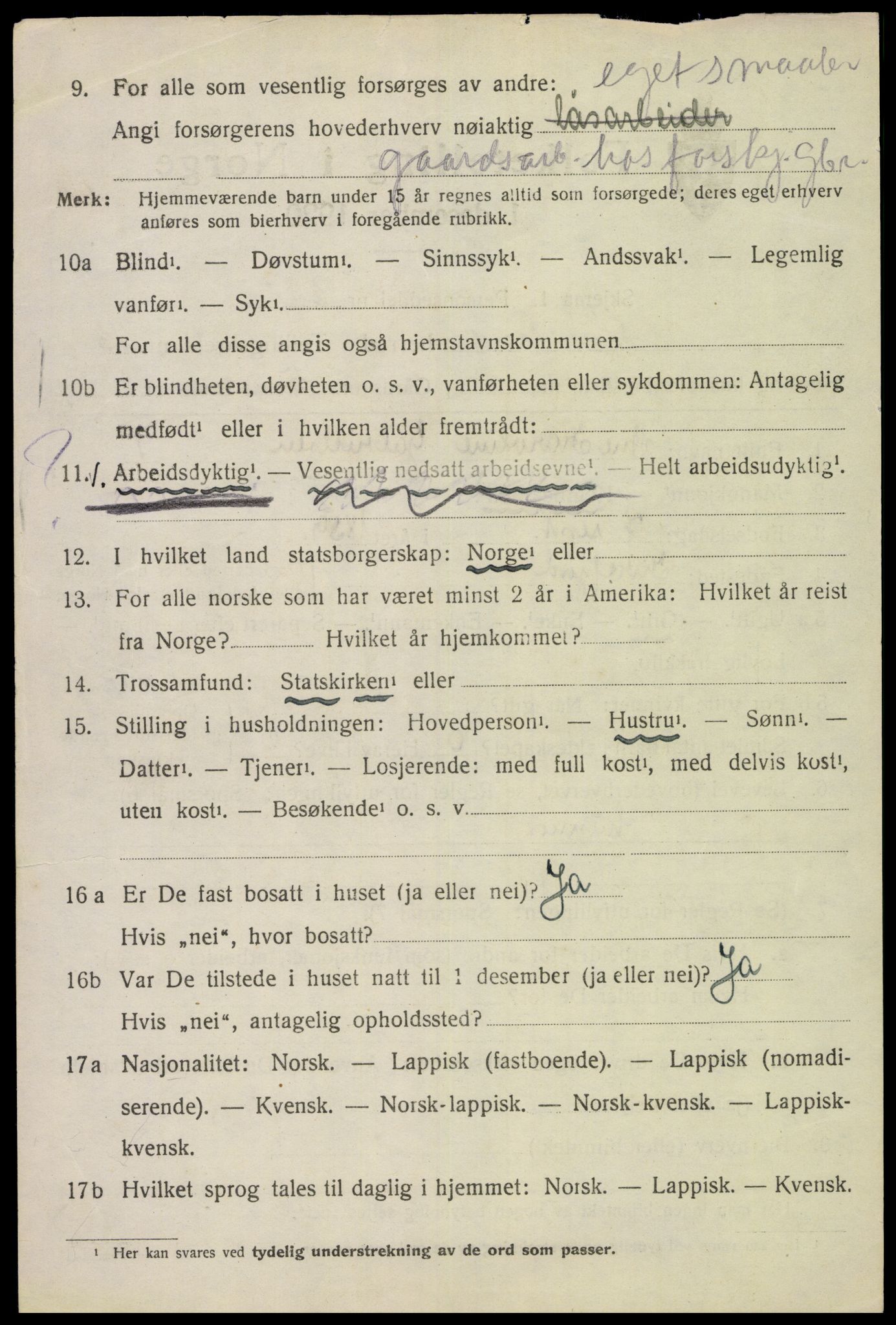 SAT, 1920 census for Sortland, 1920, p. 10417