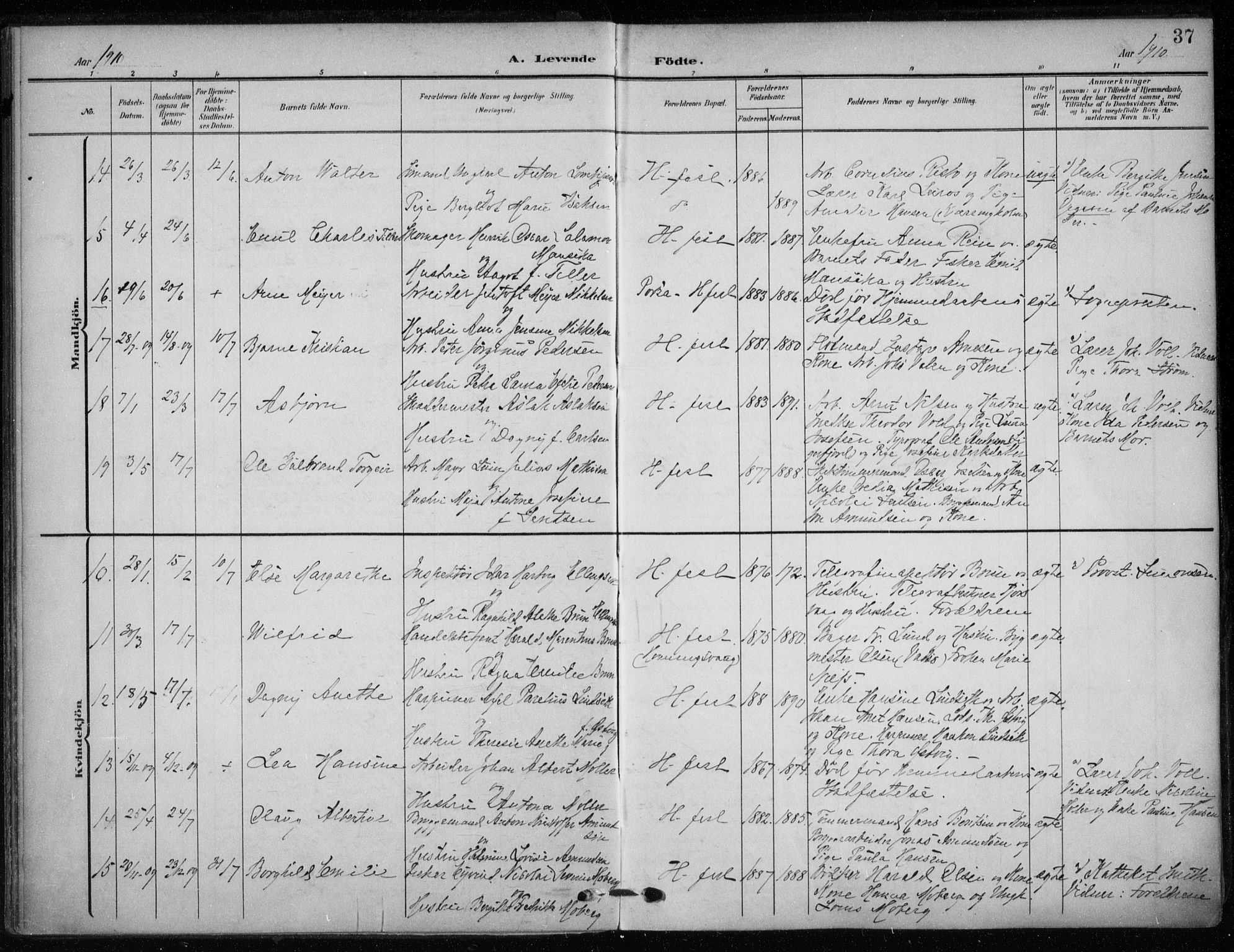 Hammerfest sokneprestkontor, SATØ/S-1347/H/Ha/L0014.kirke: Parish register (official) no. 14, 1906-1916, p. 37
