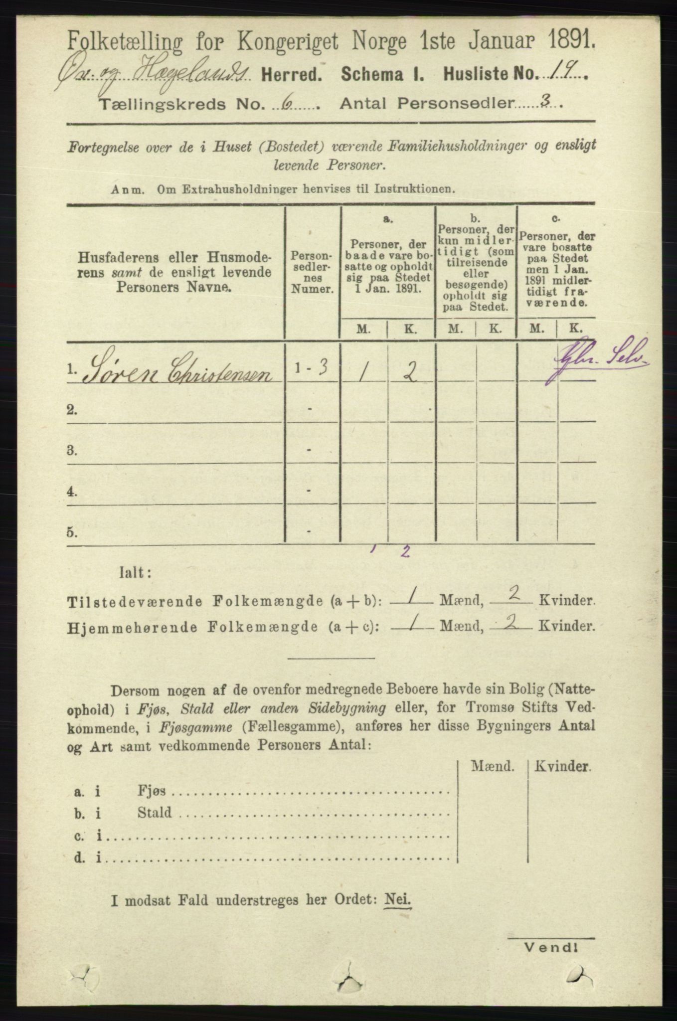 RA, 1891 census for 1016 Øvrebø og Hægeland, 1891, p. 1165