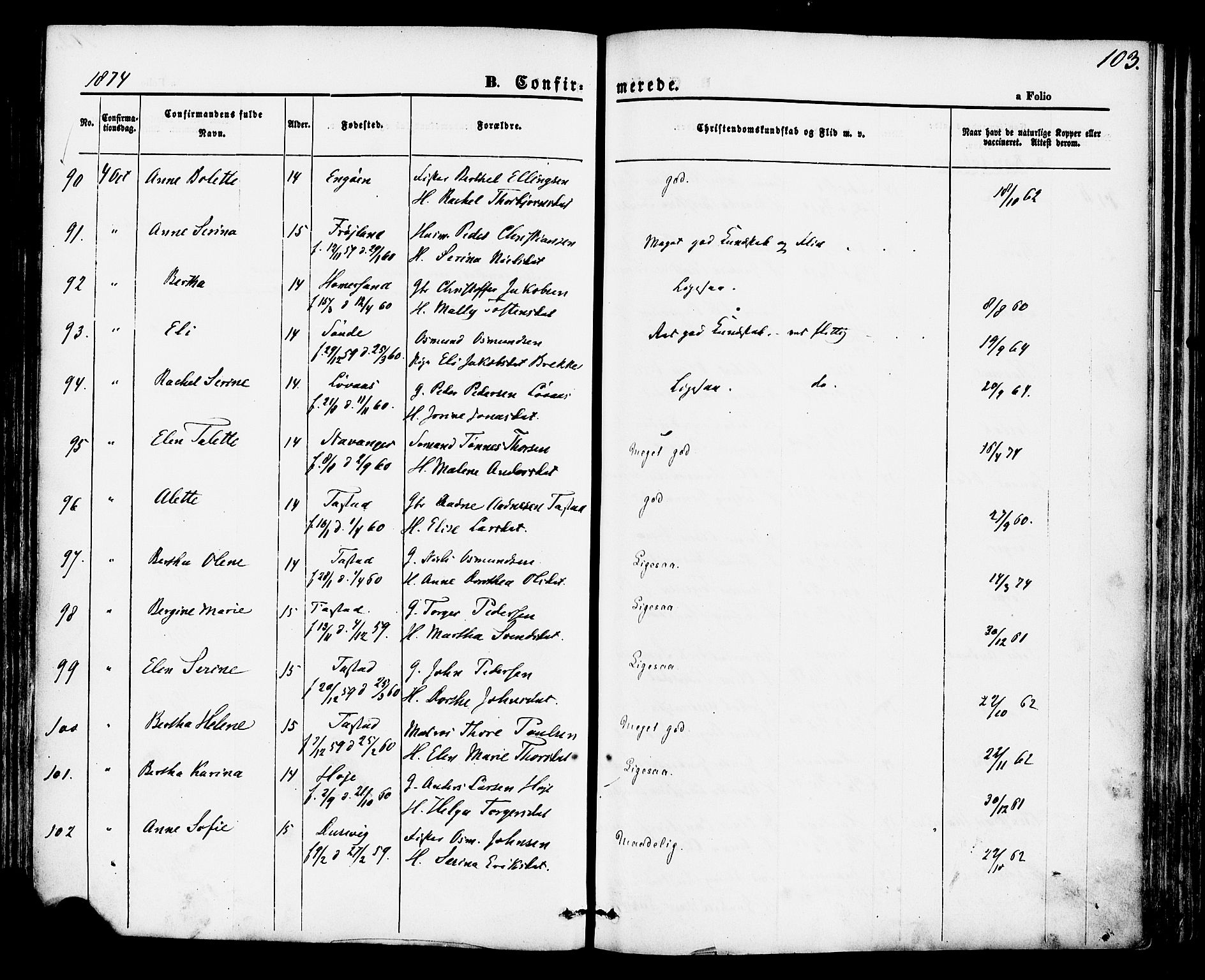 Hetland sokneprestkontor, AV/SAST-A-101826/30/30BA/L0004: Parish register (official) no. A 4, 1862-1881, p. 103