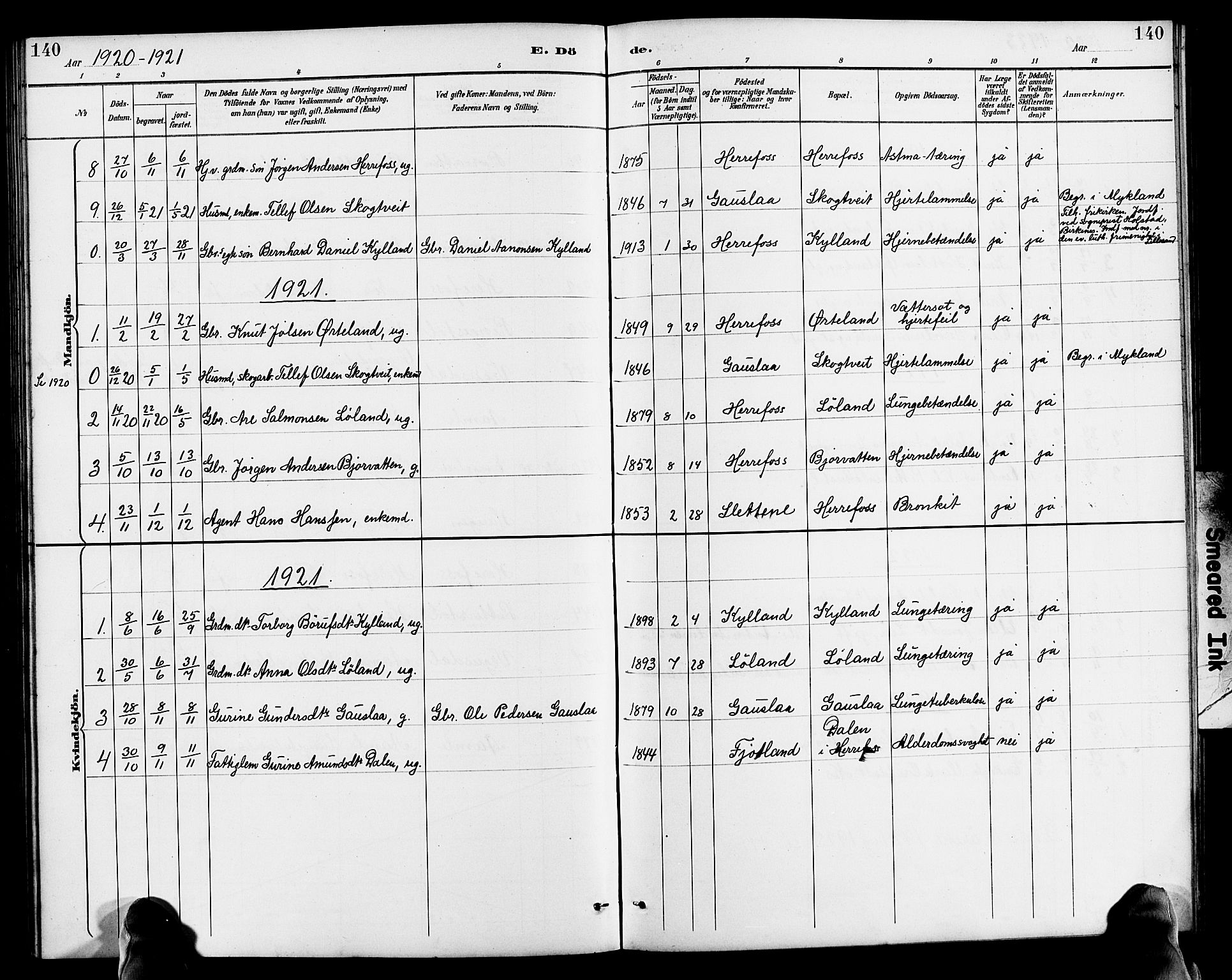 Herefoss sokneprestkontor, SAK/1111-0019/F/Fb/Fba/L0003: Parish register (copy) no. B 3, 1887-1925, p. 140