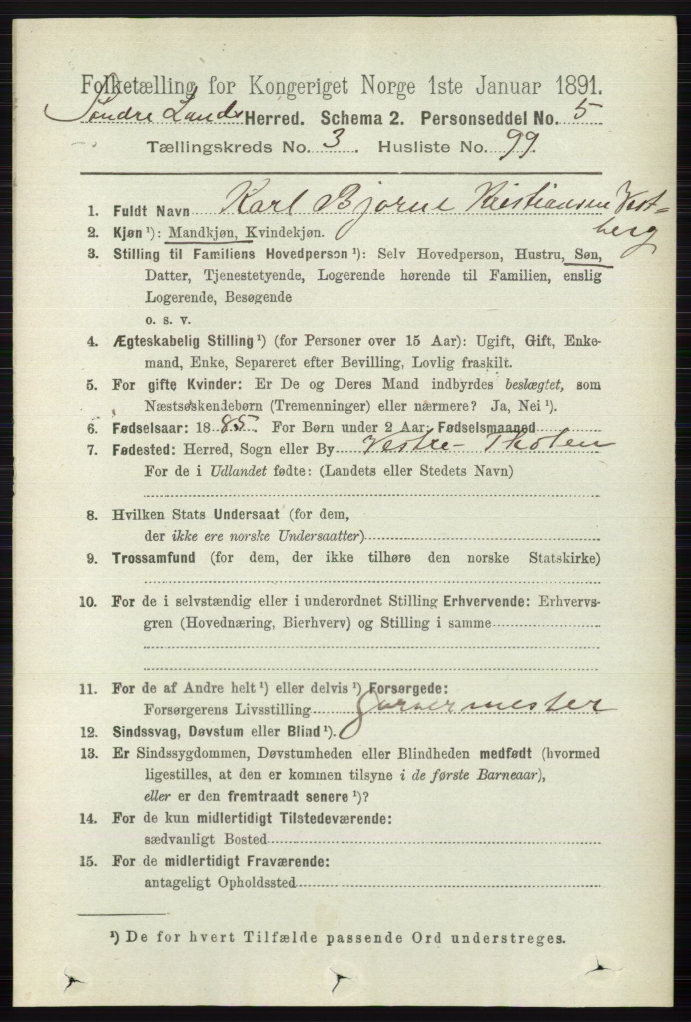 RA, 1891 census for 0536 Søndre Land, 1891, p. 3103