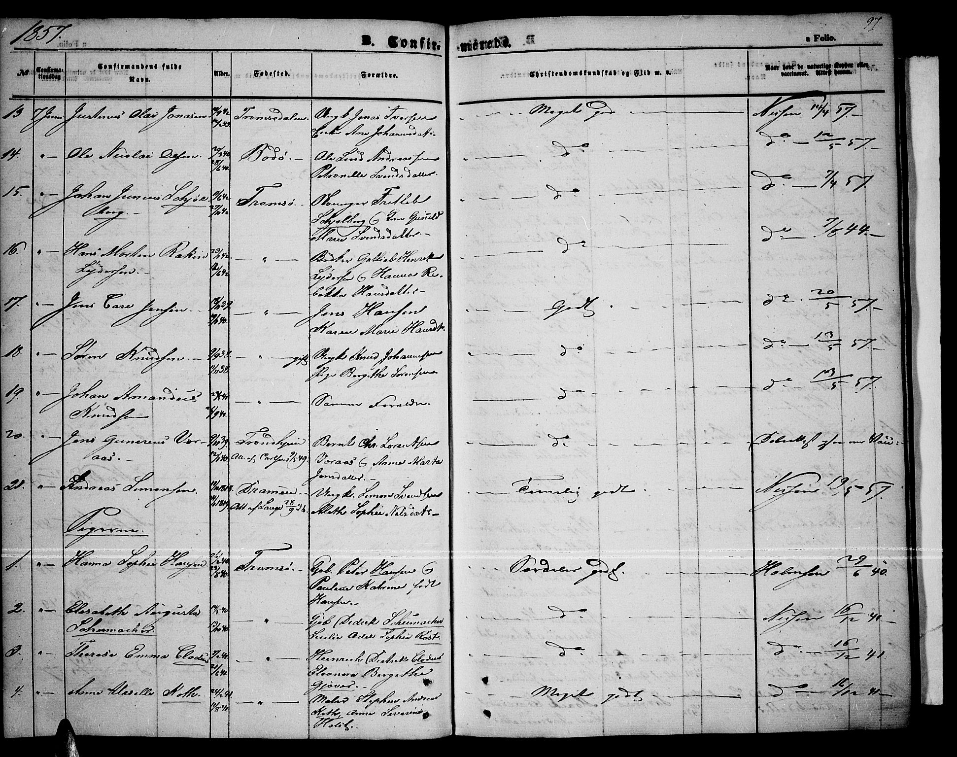 Tromsø sokneprestkontor/stiftsprosti/domprosti, AV/SATØ-S-1343/G/Gb/L0006klokker: Parish register (copy) no. 6, 1857-1866, p. 97